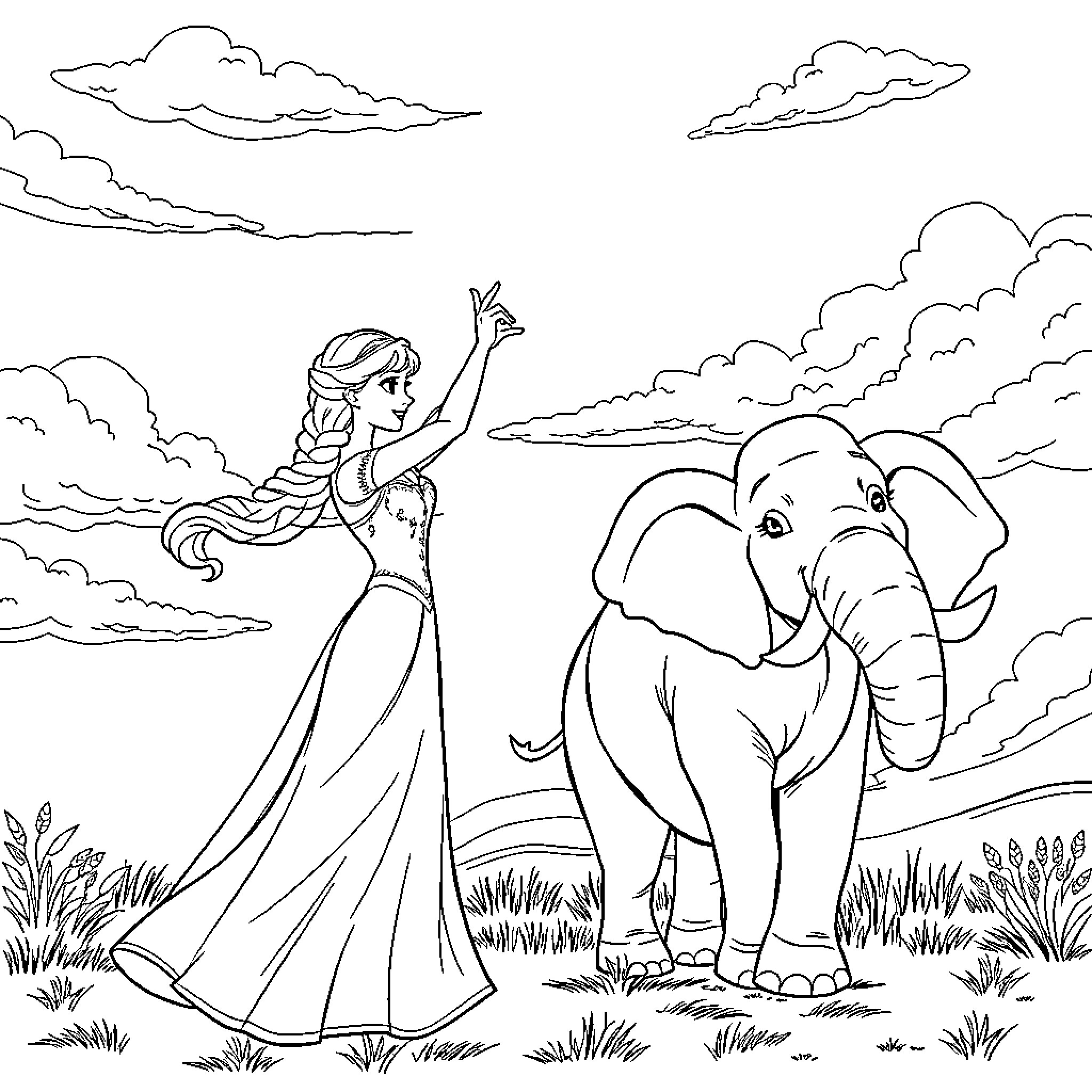Elephant and elegant figure in an outdoor scene Coloring Page (free black-and-white line drawing printable PDF for all, from beginners to advanced learners, including children, teens, adults, and seniors)