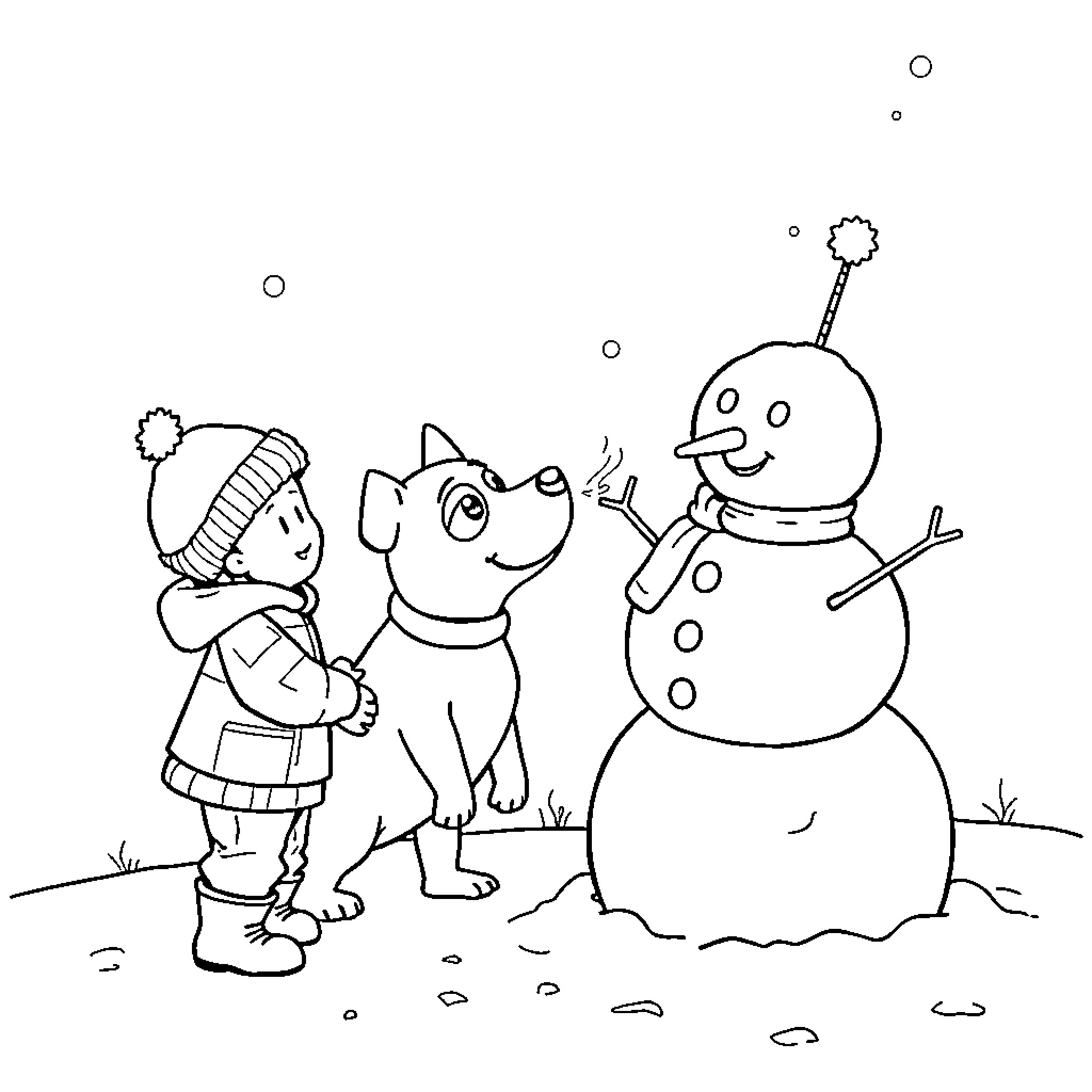 Dog and child building snowman together Coloring Page (free black-and-white line drawing printable PDF for all, from beginners to advanced learners, including children, teens, adults, and seniors)
