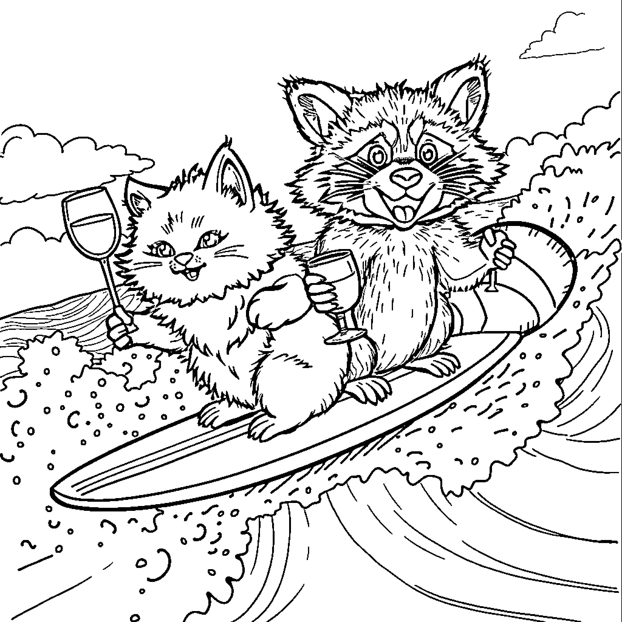 Cat Surfing with Friend in Waves Coloring Page (free black-and-white line drawing printable PDF for all, from beginners to advanced learners, including children, teens, adults, and seniors)
