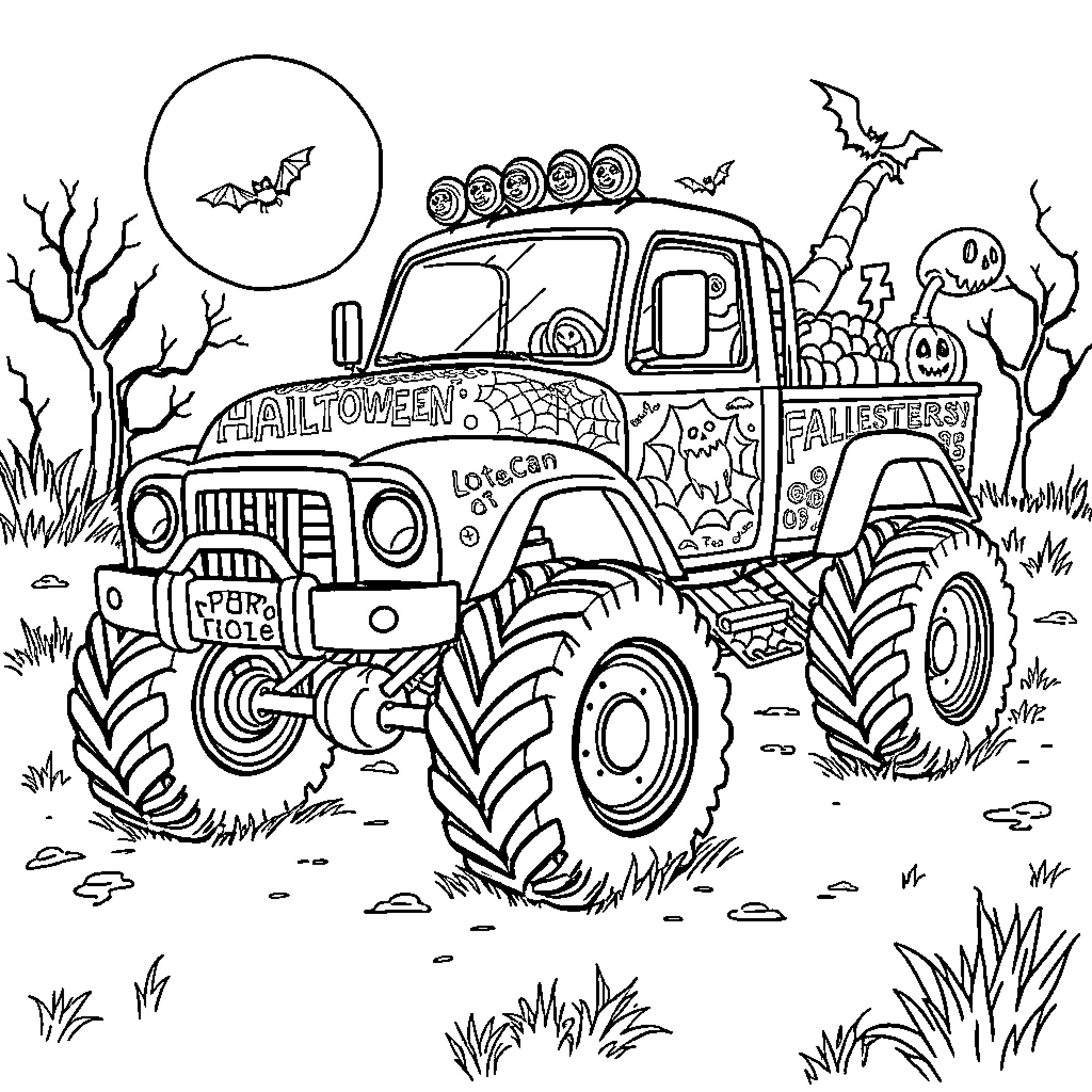 Monster Truck Adventuring Through a Spooky Halloween Scene Coloring Page (free black-and-white line drawing printable PDF for all, from beginners to advanced learners, including children, teens, adults, and seniors)
