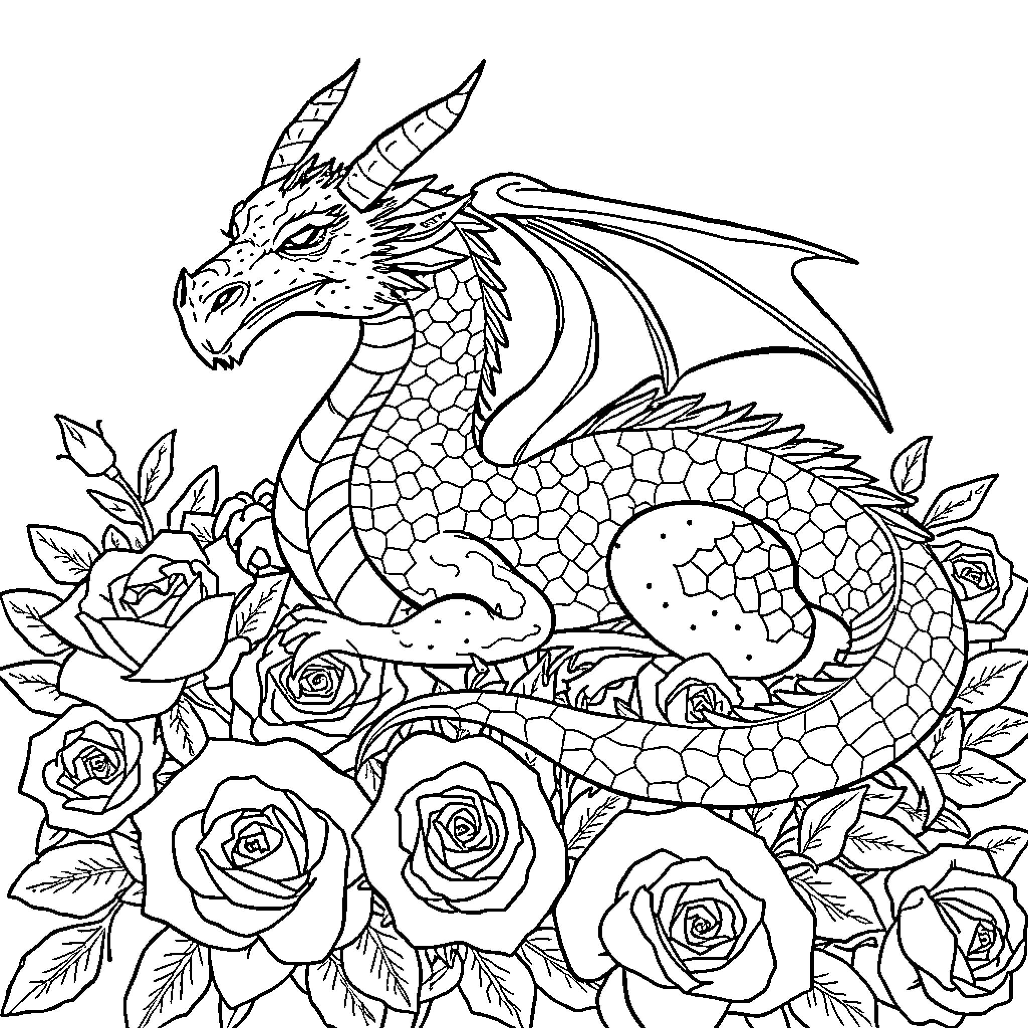 Dragon resting among blooming roses Coloring Page (free black-and-white line drawing printable PDF for all, from beginners to advanced learners, including children, teens, adults, and seniors)