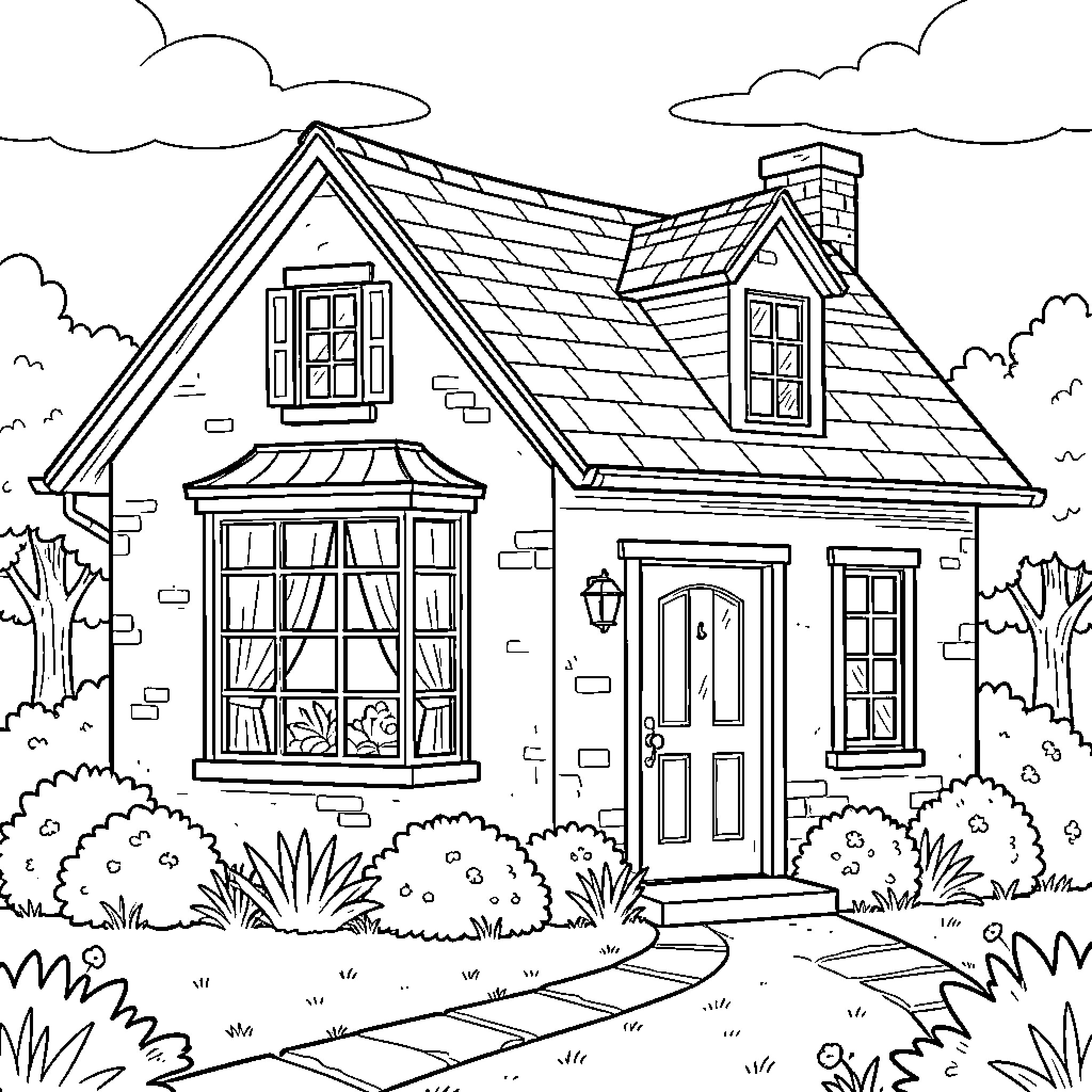 House in a Tranquil Countryside Setting Coloring Page (free black-and-white line drawing printable PDF for all, from beginners to advanced learners, including children, teens, adults, and seniors)