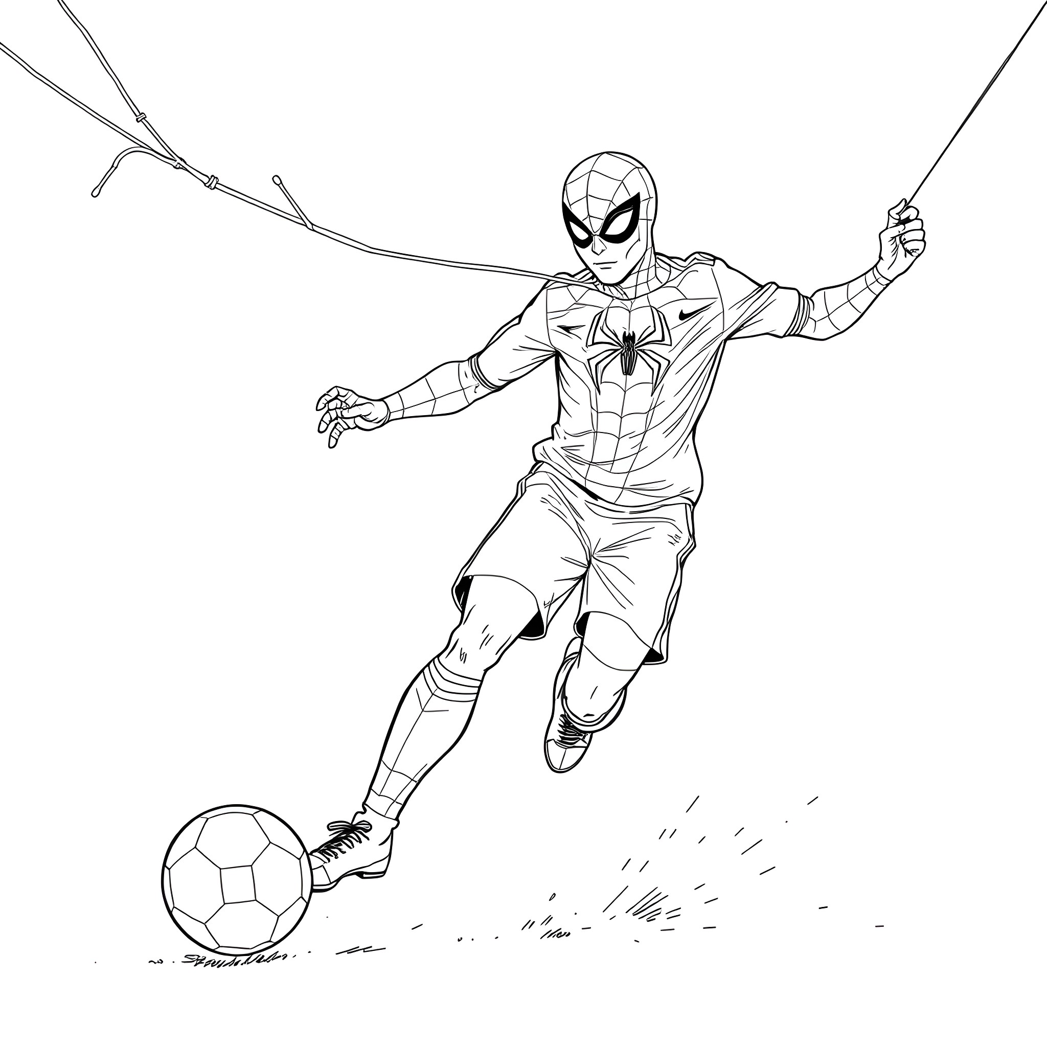 Cristiano Ronaldo as Spider-Man playing soccer Coloring Page (free black-and-white line drawing printable PDF for all, from beginners to advanced learners, including children, teens, adults, and seniors)