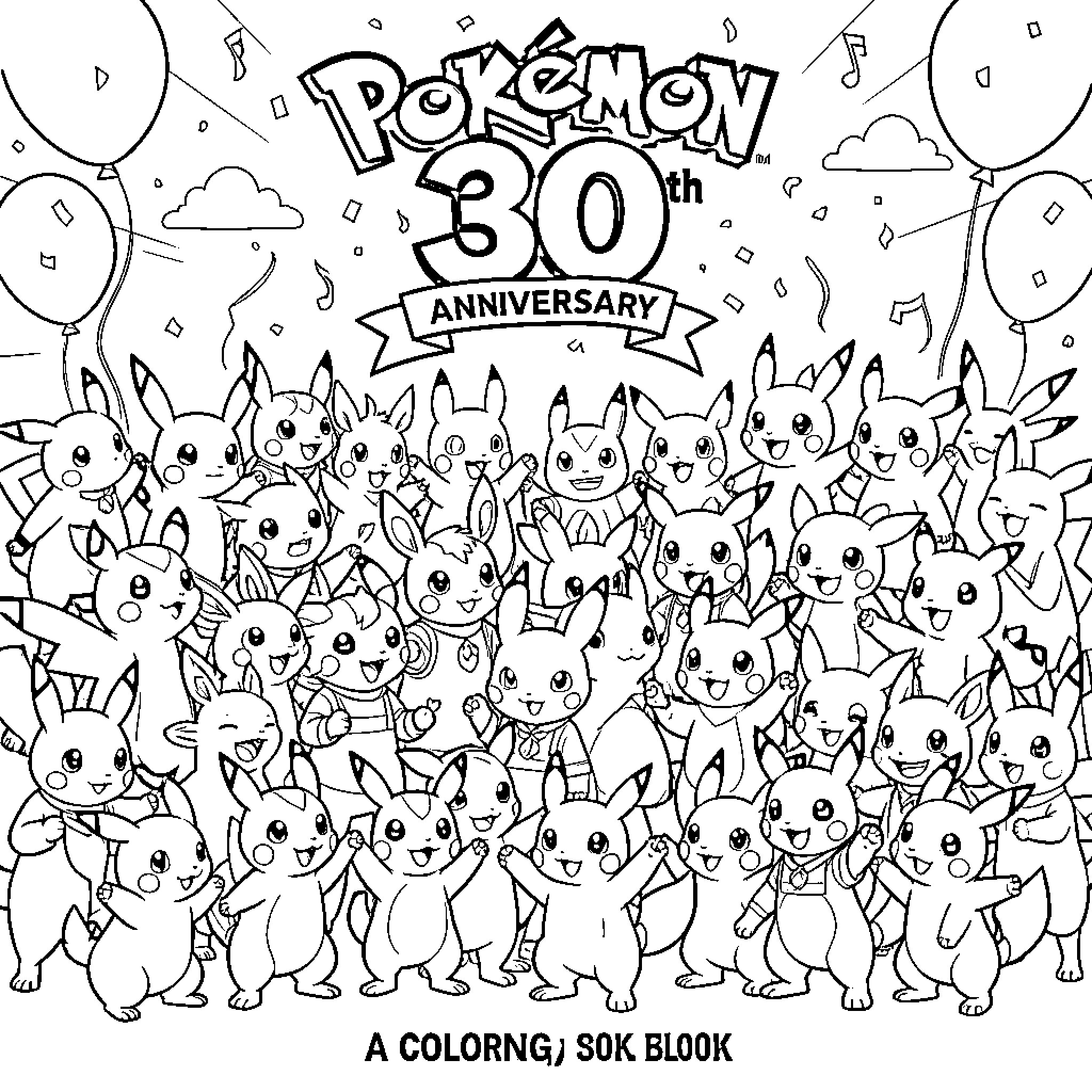 Pokémon celebrating their 30th anniversary with joyful expressions Coloring Page (free black-and-white line drawing printable PDF for all, from beginners to advanced learners, including children, teens, adults, and seniors)