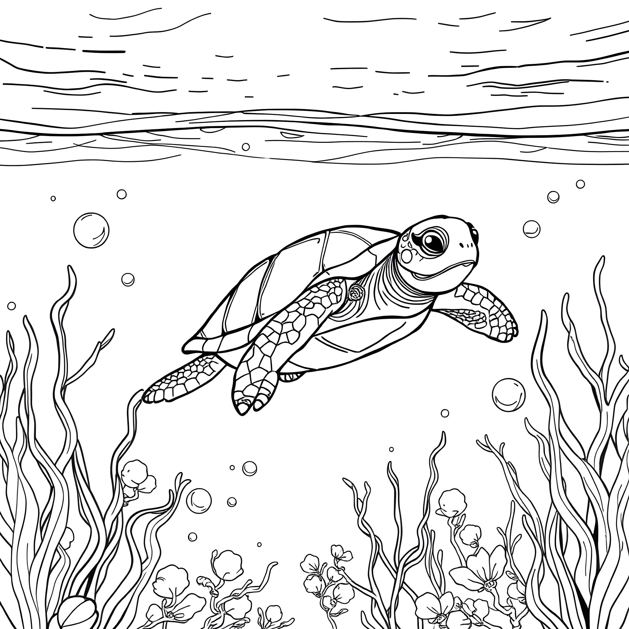 Turtle swimming gracefully in the underwater seascape Coloring Page (free black-and-white line drawing printable PDF for all, from beginners to advanced learners, including children, teens, adults, and seniors)