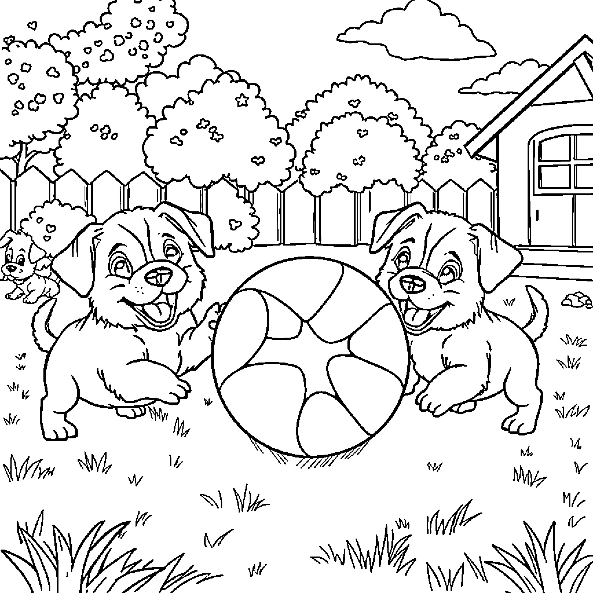 Puppies playing with colorful ball in the yard Coloring Page (free black-and-white line drawing printable PDF for all, from beginners to advanced learners, including children, teens, adults, and seniors)