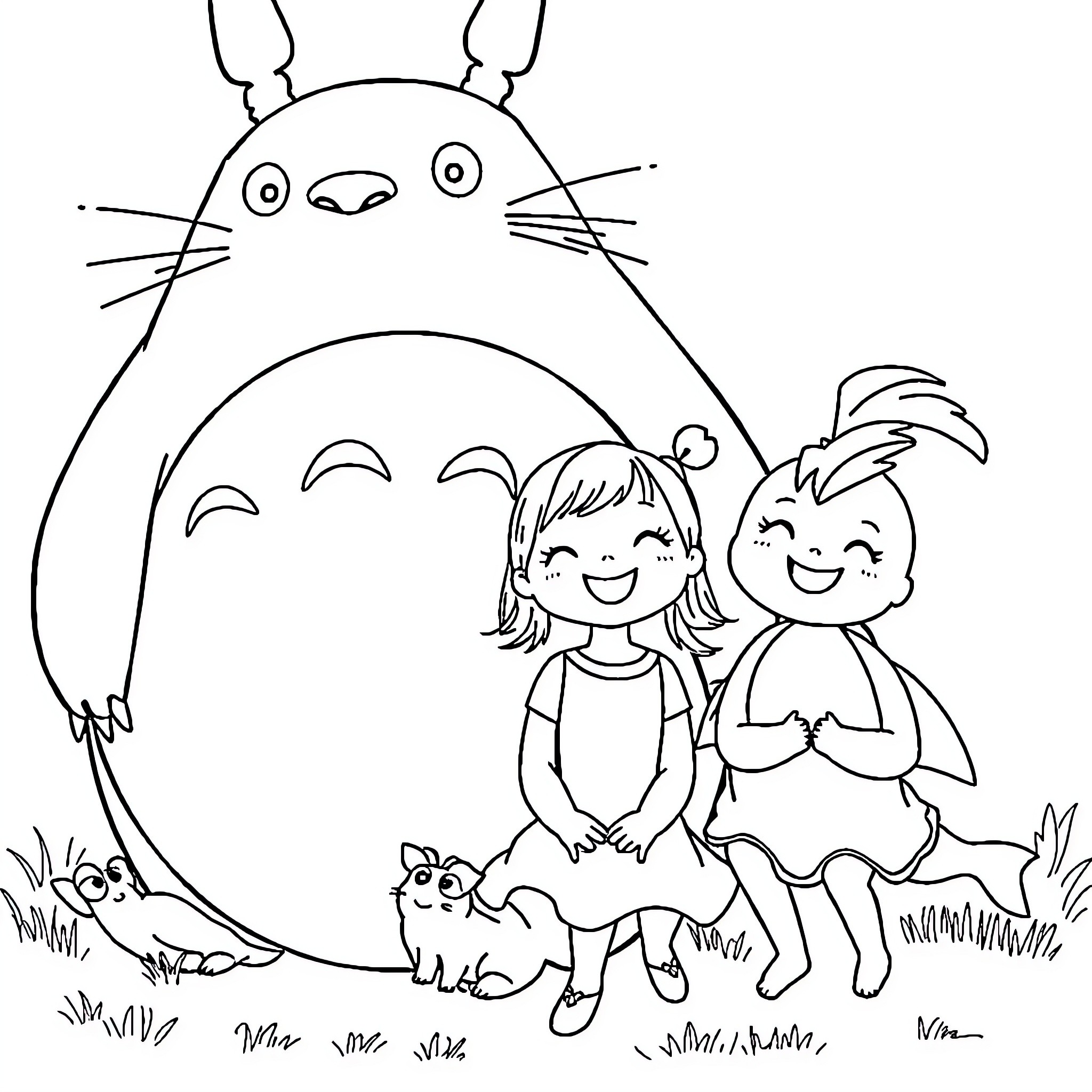 Girl and friends enjoy whimsical fantasy scene Coloring Page (free black-and-white line drawing printable PDF for all, from beginners to advanced learners, including children, teens, adults, and seniors)