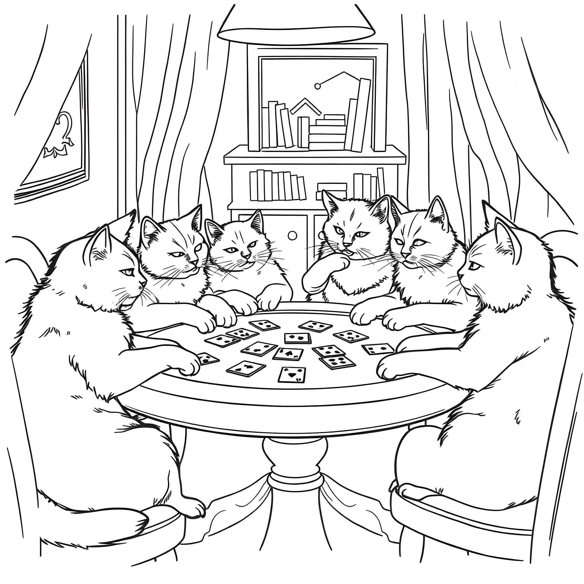 Cats playing cards on table Coloring Page (free black-and-white line drawing printable PDF for all, from beginners to advanced learners, including children, teens, adults, and seniors)