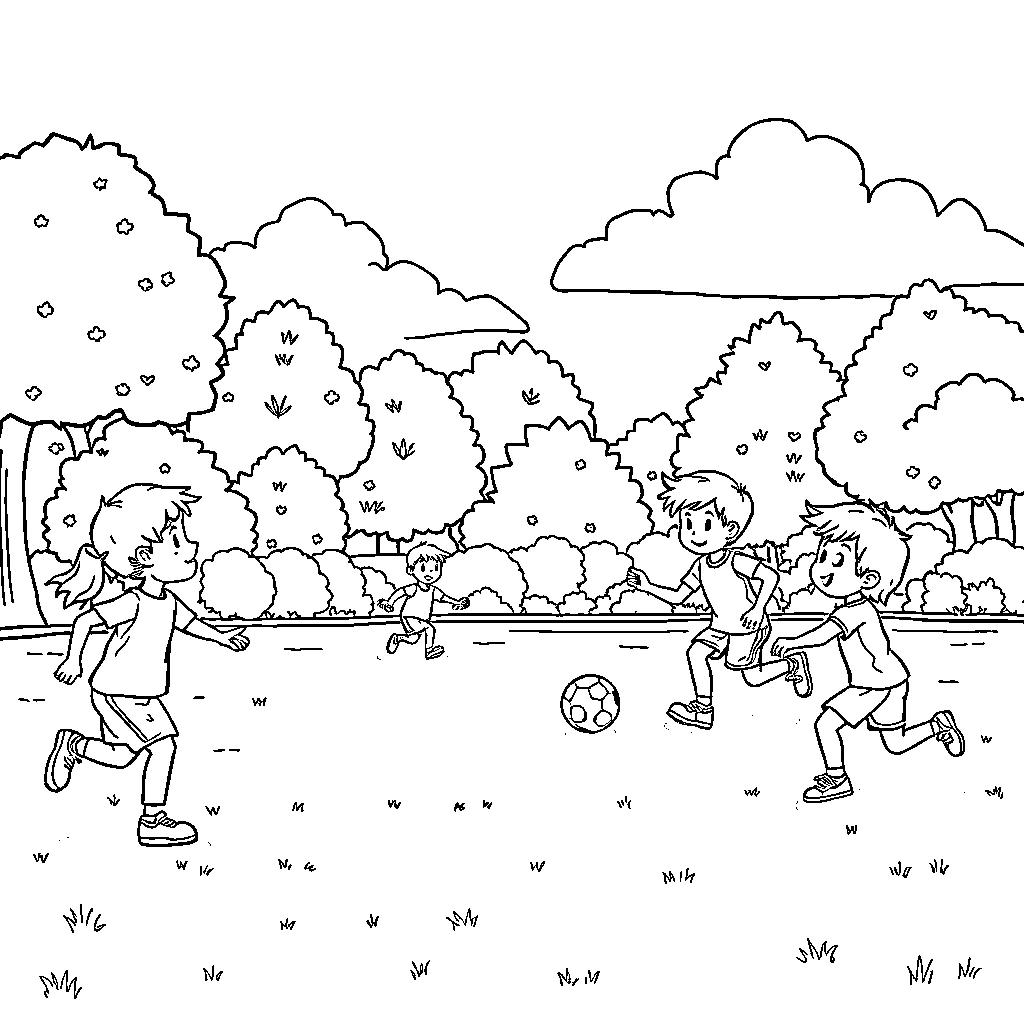 Deporte: Children playing soccer in the park Coloring Page (free black-and-white line drawing printable PDF for all, from beginners to advanced learners, including children, teens, adults, and seniors)