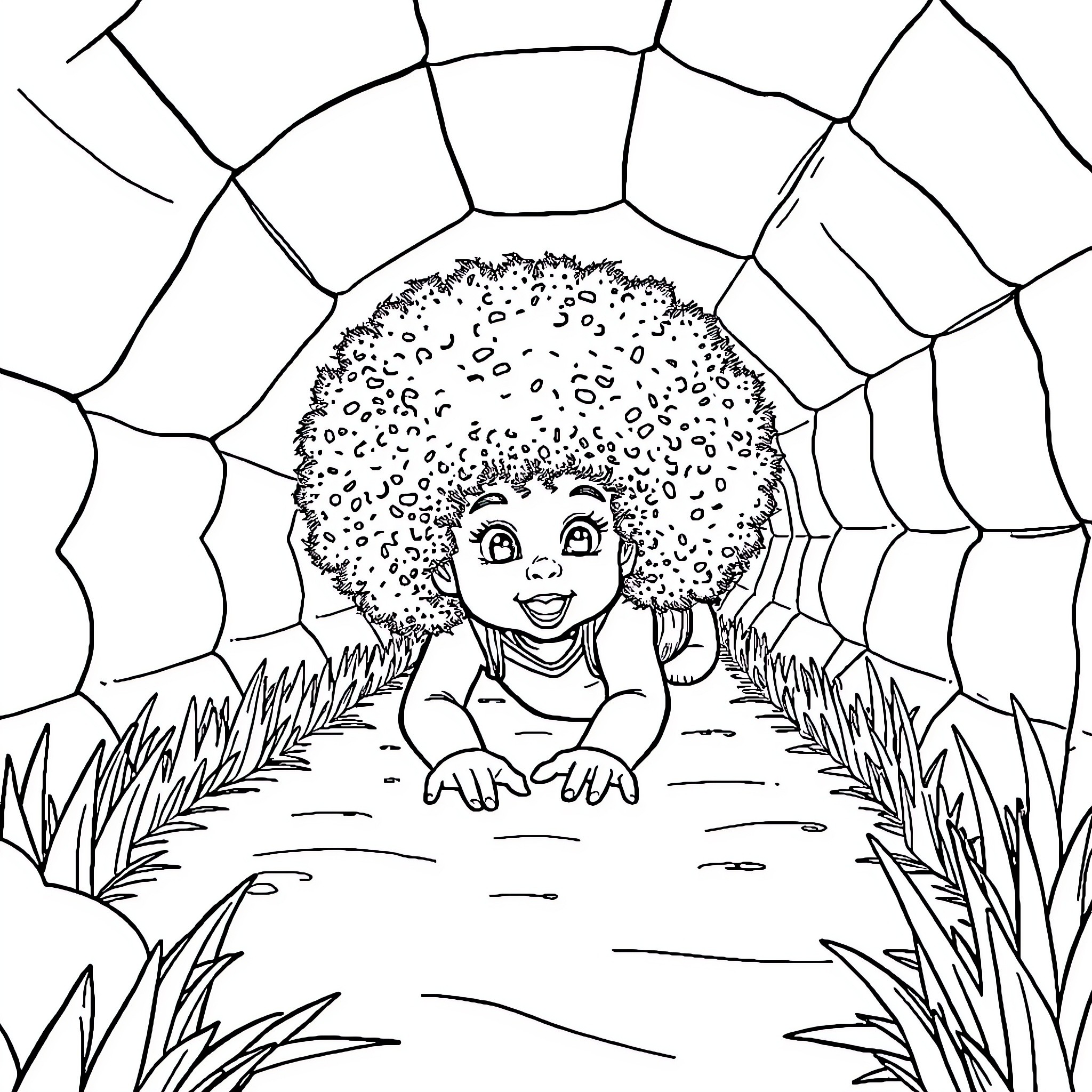 Girl exploring nature's web Coloring Page (free black-and-white line drawing printable PDF for all, from beginners to advanced learners, including children, teens, adults, and seniors)