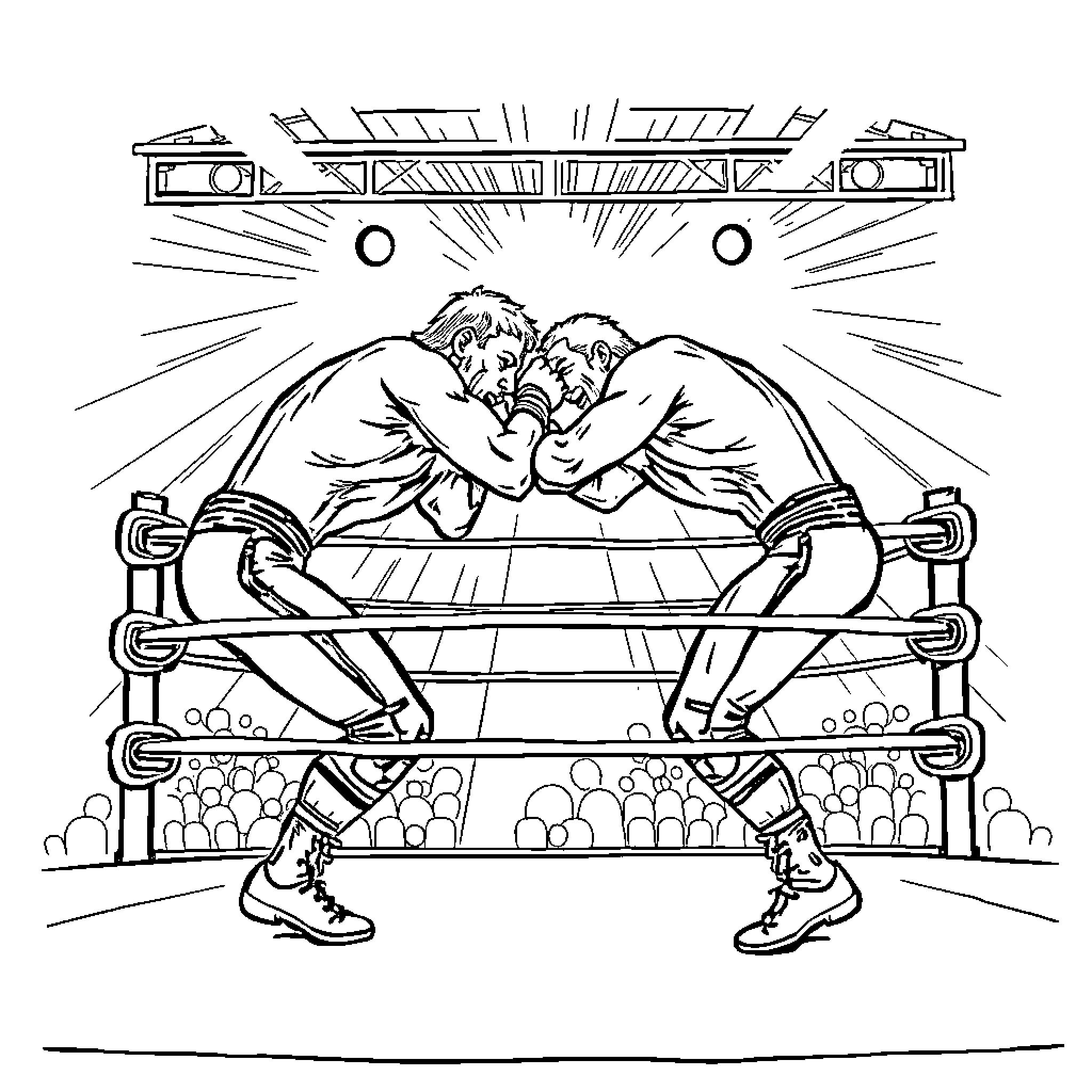 Wrestler grappling in an intense match Coloring Page (free black-and-white line drawing printable PDF for all, from beginners to advanced learners, including children, teens, adults, and seniors)