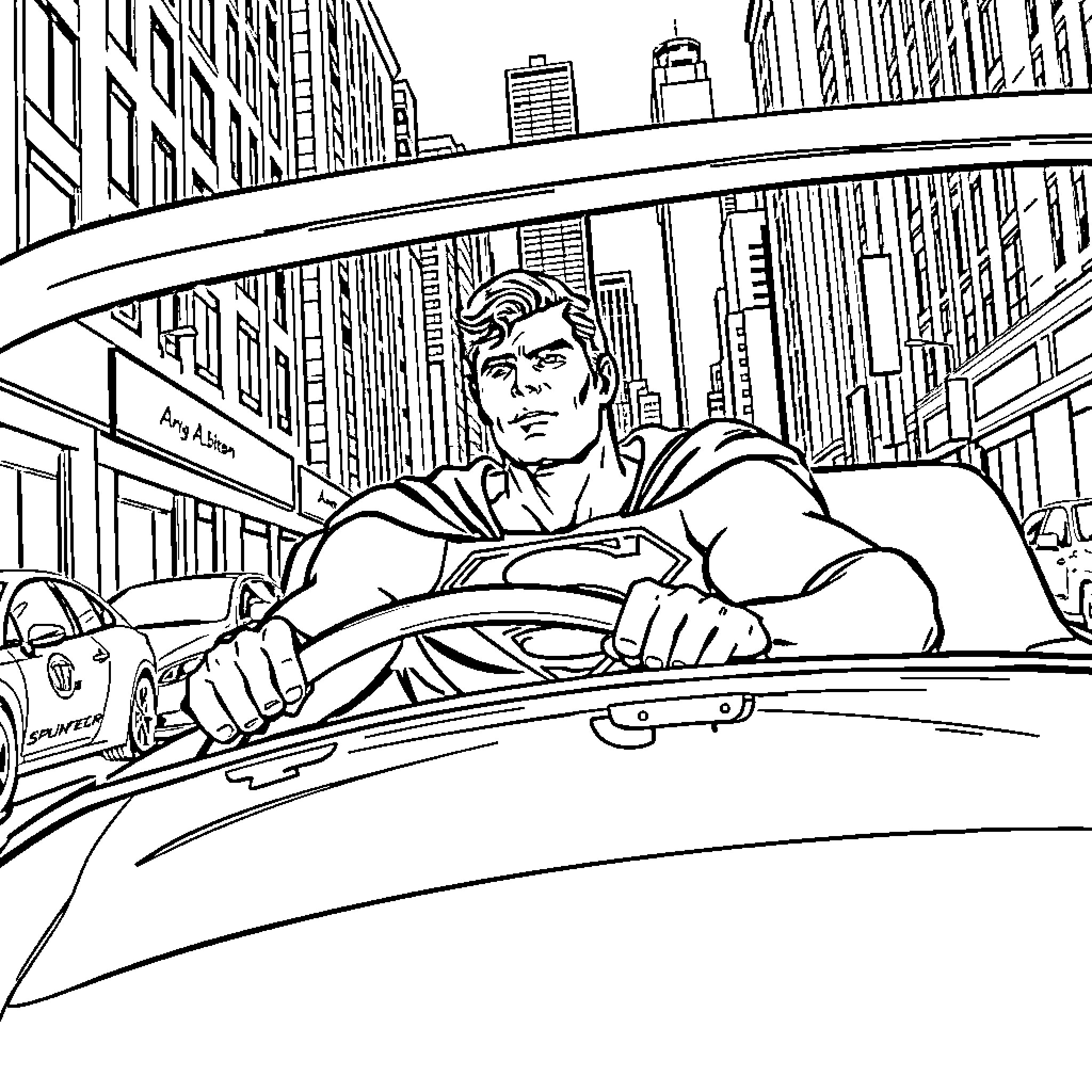 Superman rushing through the city in his car Coloring Page (free black-and-white line drawing printable PDF for all, from beginners to advanced learners, including children, teens, adults, and seniors)
