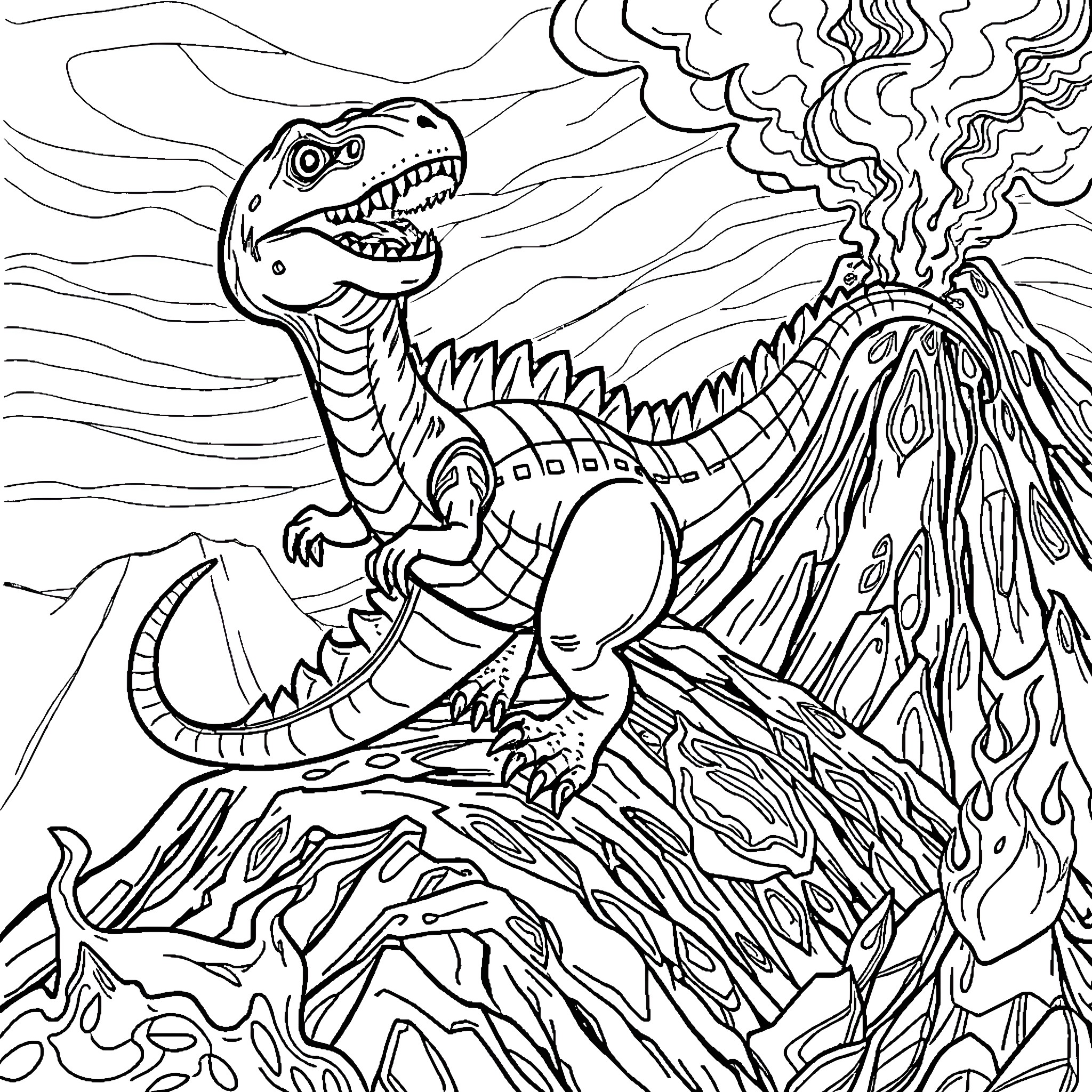 Dinosaur erupting from volcanic landscape Coloring Page (free black-and-white line drawing printable PDF for all, from beginners to advanced learners, including children, teens, adults, and seniors)