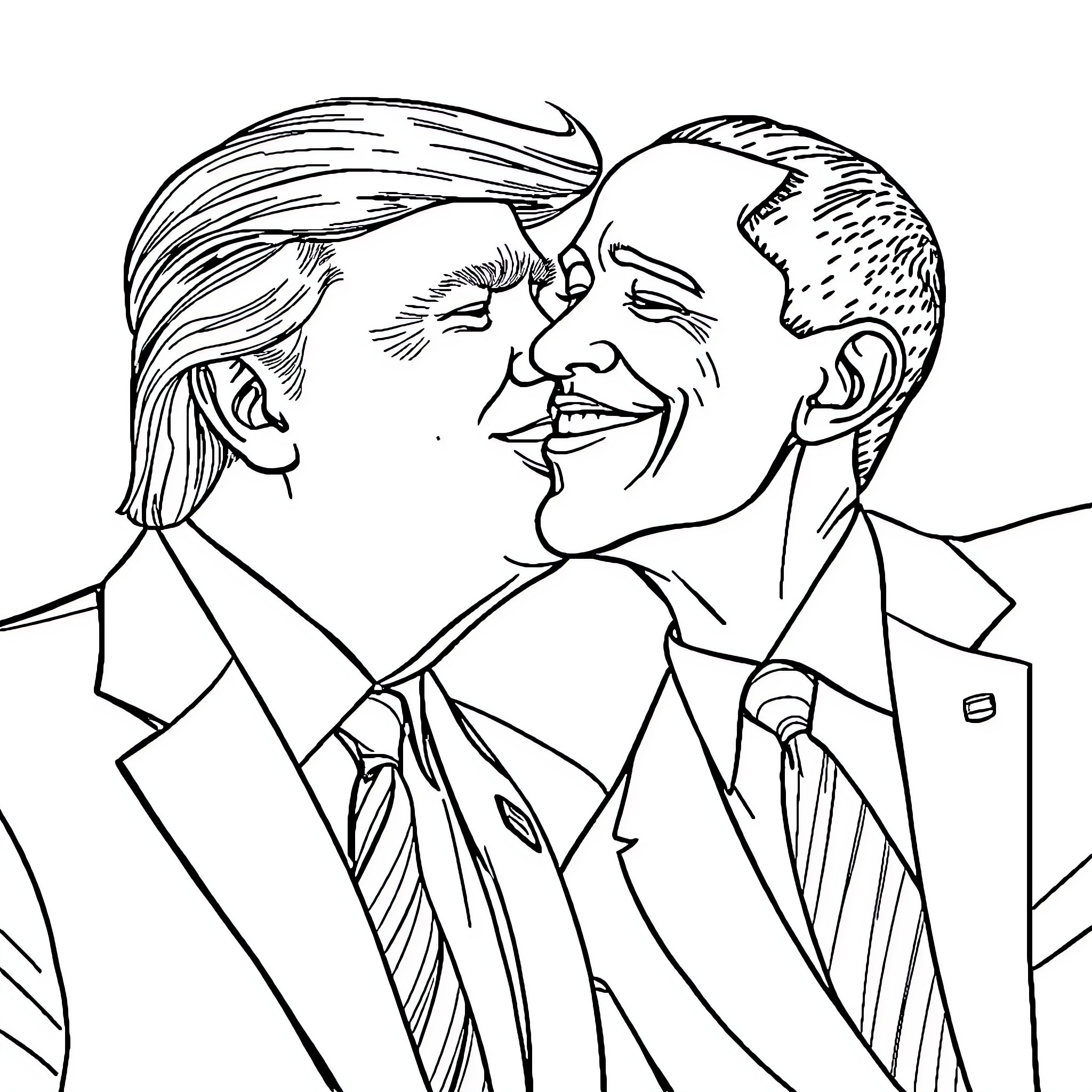 Trump and President Sharing a Lighthearted Moment Coloring Page (free black-and-white line drawing printable PDF for all, from beginners to advanced learners, including children, teens, adults, and seniors)