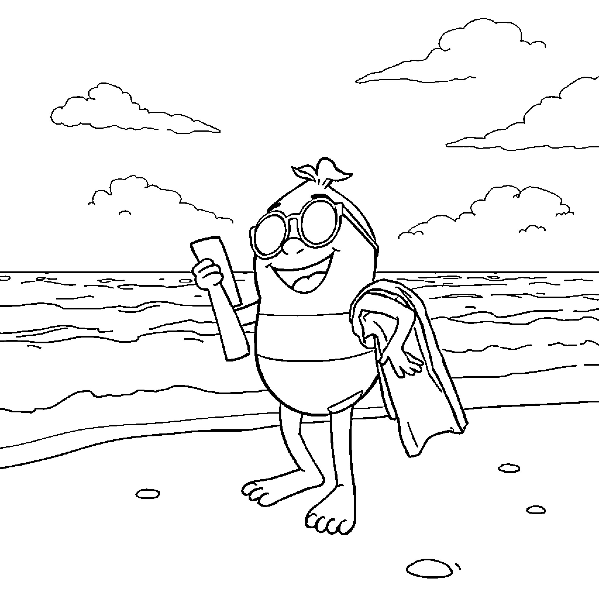 Bob l'éponge taking a selfie at the beach Coloring Page (free black-and-white line drawing printable PDF for all, from beginners to advanced learners, including children, teens, adults, and seniors)