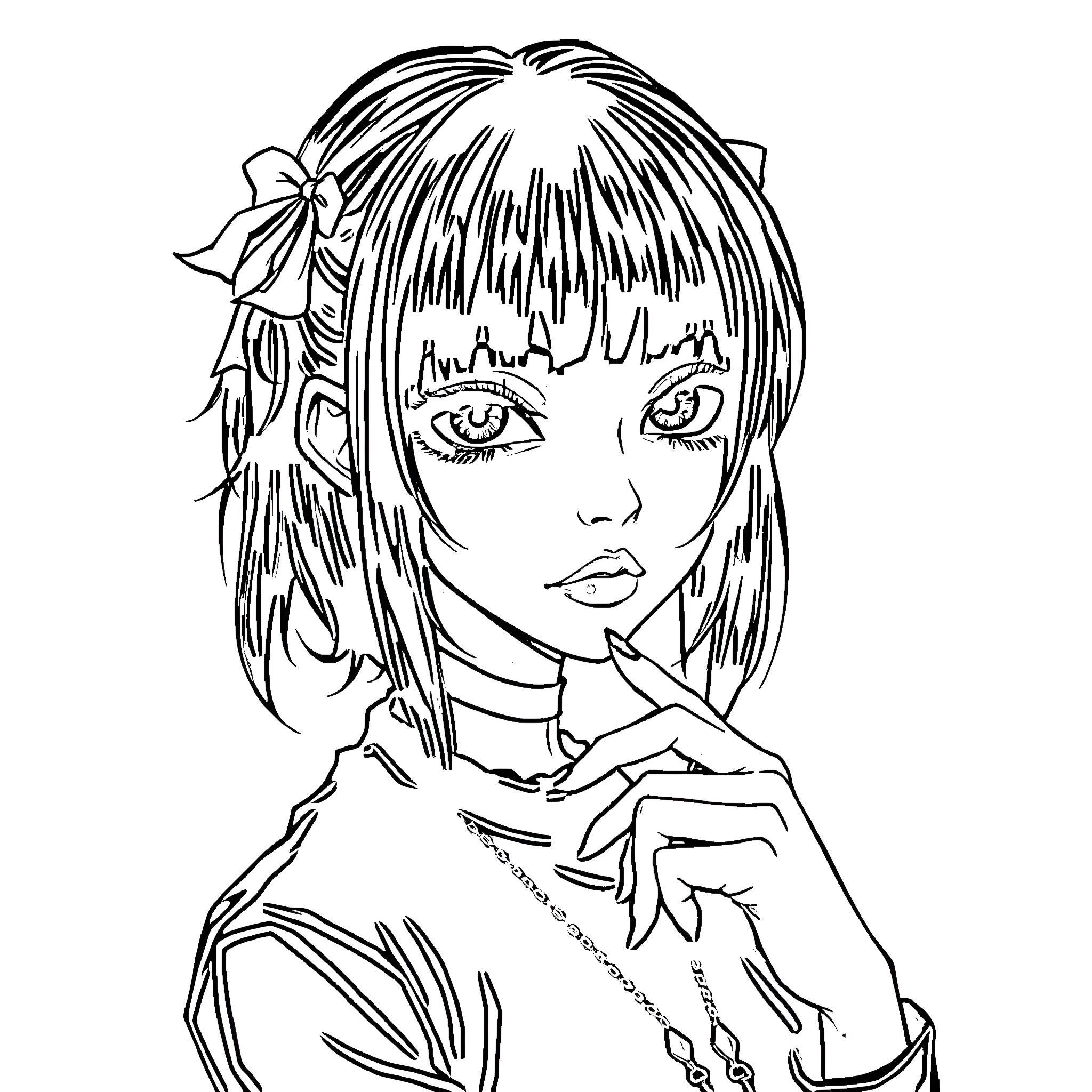 Goth Girl Contemplating with Intricate Accessories Coloring Page (free black-and-white line drawing printable PDF for all, from beginners to advanced learners, including children, teens, adults, and seniors)