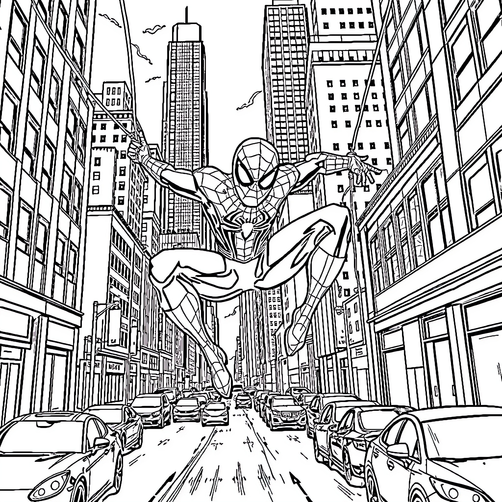 Spiderman swinging through the city skyline Coloring Page (free black-and-white line drawing printable PDF for all, from beginners to advanced learners, including children, teens, adults, and seniors)