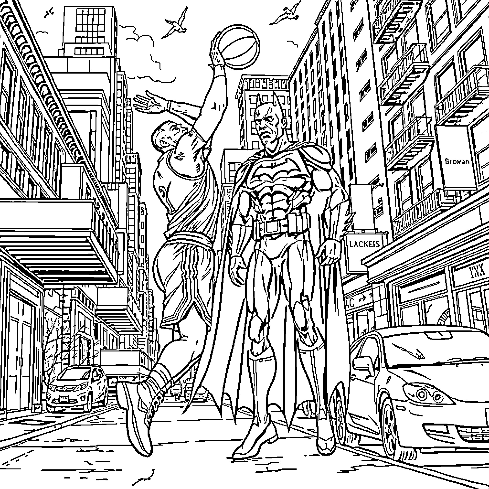 LeBron James Showcases Superhero Skills in NYC Cityscape Coloring Page (free black-and-white line drawing printable PDF for all, from beginners to advanced learners, including children, teens, adults, and seniors)