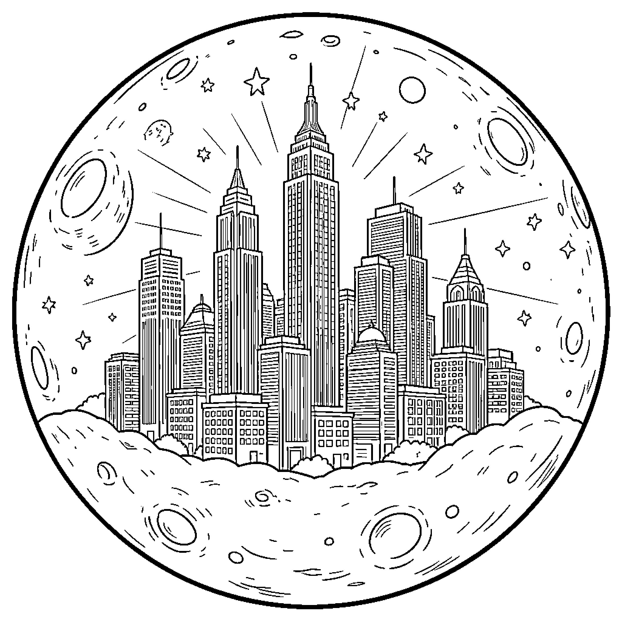 City skyline of towering skyscrapers under starry night Coloring Page (free black-and-white line drawing printable PDF for all, from beginners to advanced learners, including children, teens, adults, and seniors)