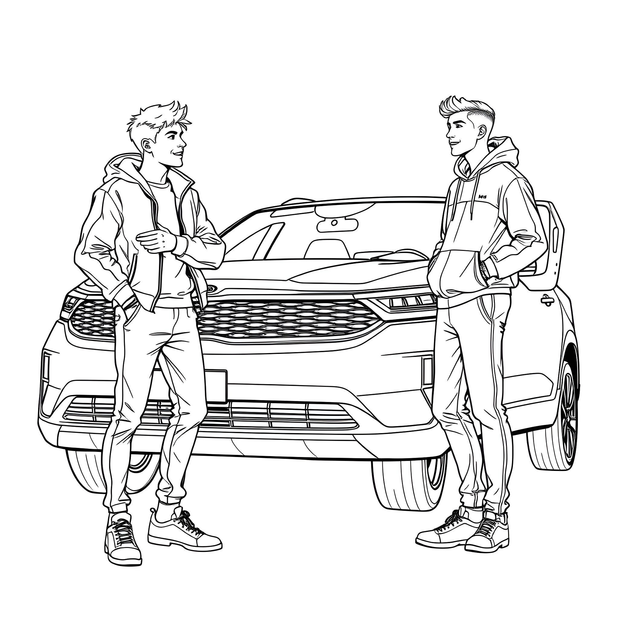 Teen Guys Discussing New Car Coloring Page (free black-and-white line drawing printable PDF for all, from beginners to advanced learners, including children, teens, adults, and seniors)