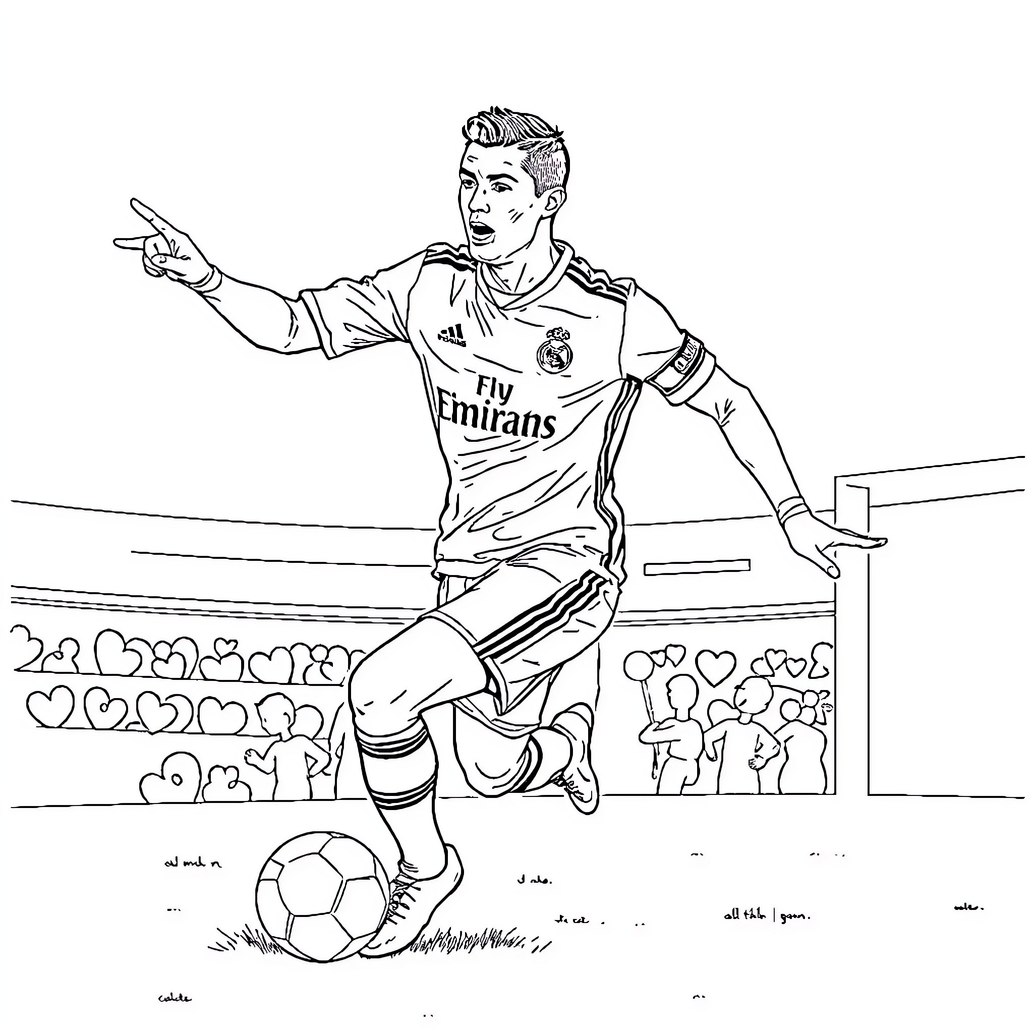 Ronaldo celebrating goal in soccer match Coloring Page (free black-and-white line drawing printable PDF for all, from beginners to advanced learners, including children, teens, adults, and seniors)