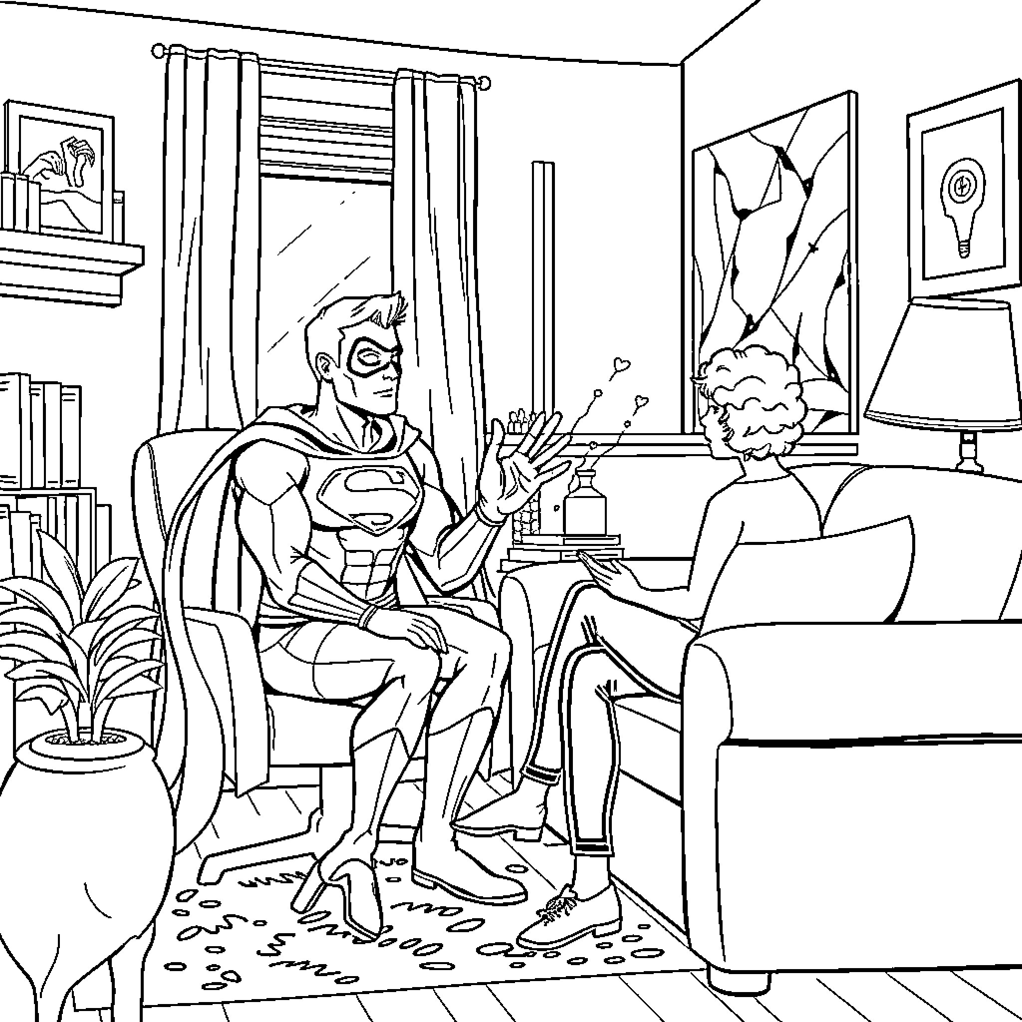 Superhero Having Conversation in Living Room Coloring Page (free black-and-white line drawing printable PDF for all, from beginners to advanced learners, including children, teens, adults, and seniors)