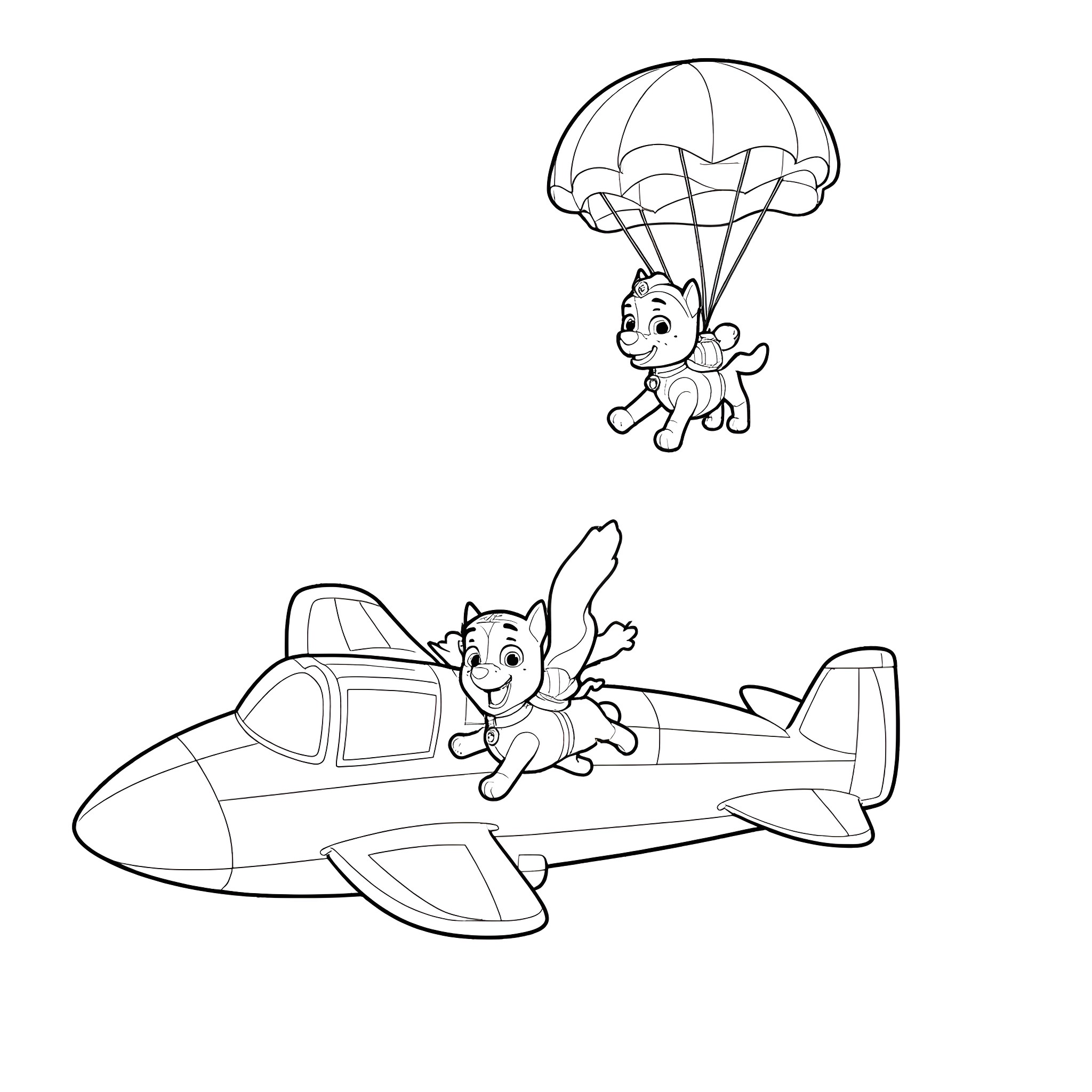 Paw Patrol characters in action with parachute and plane Coloring Page (free black-and-white line drawing printable PDF for all, from beginners to advanced learners, including children, teens, adults, and seniors)