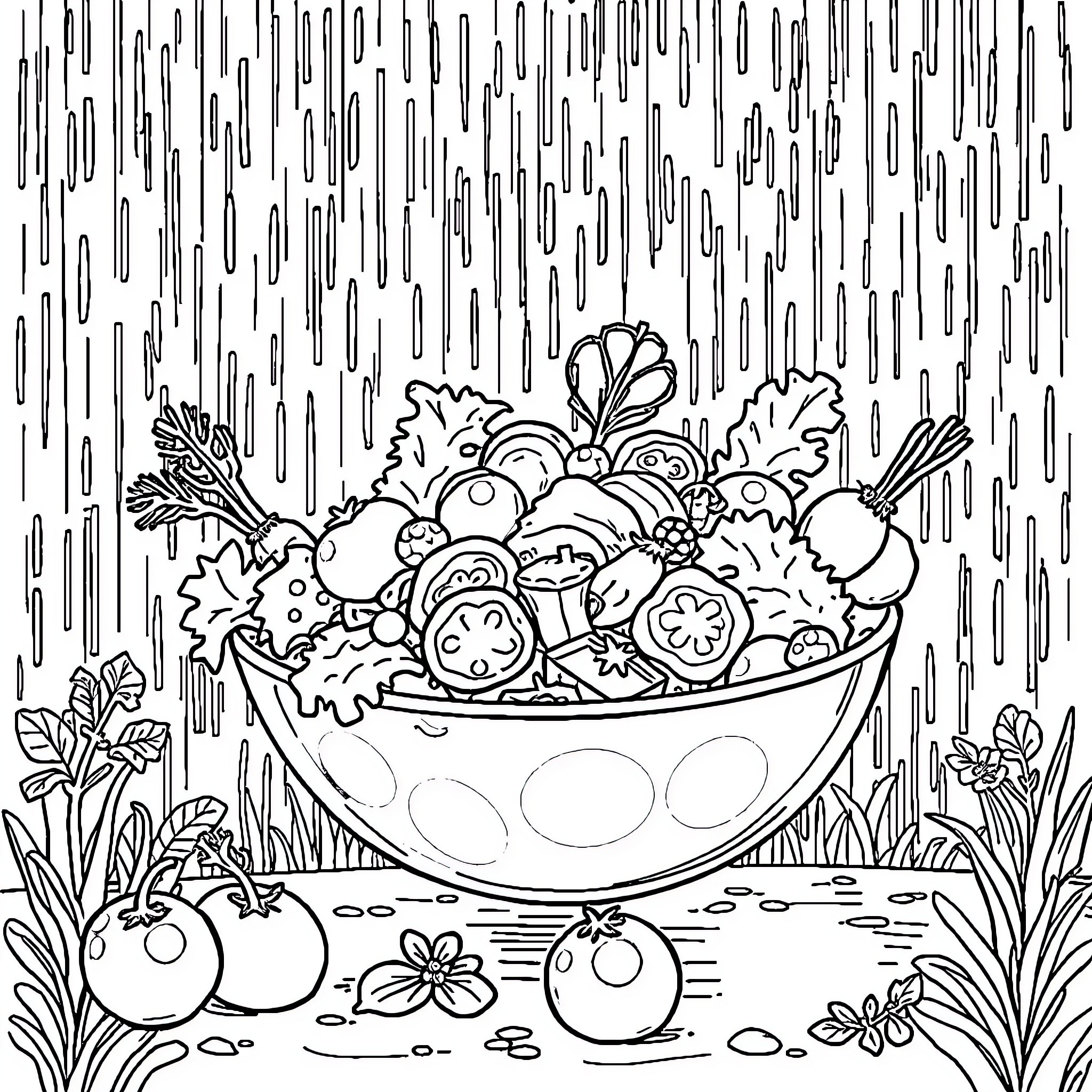 Salad with Vibrant Vegetables and Whimsical Decor Coloring Page (free black-and-white line drawing printable PDF for all, from beginners to advanced learners, including children, teens, adults, and seniors)
