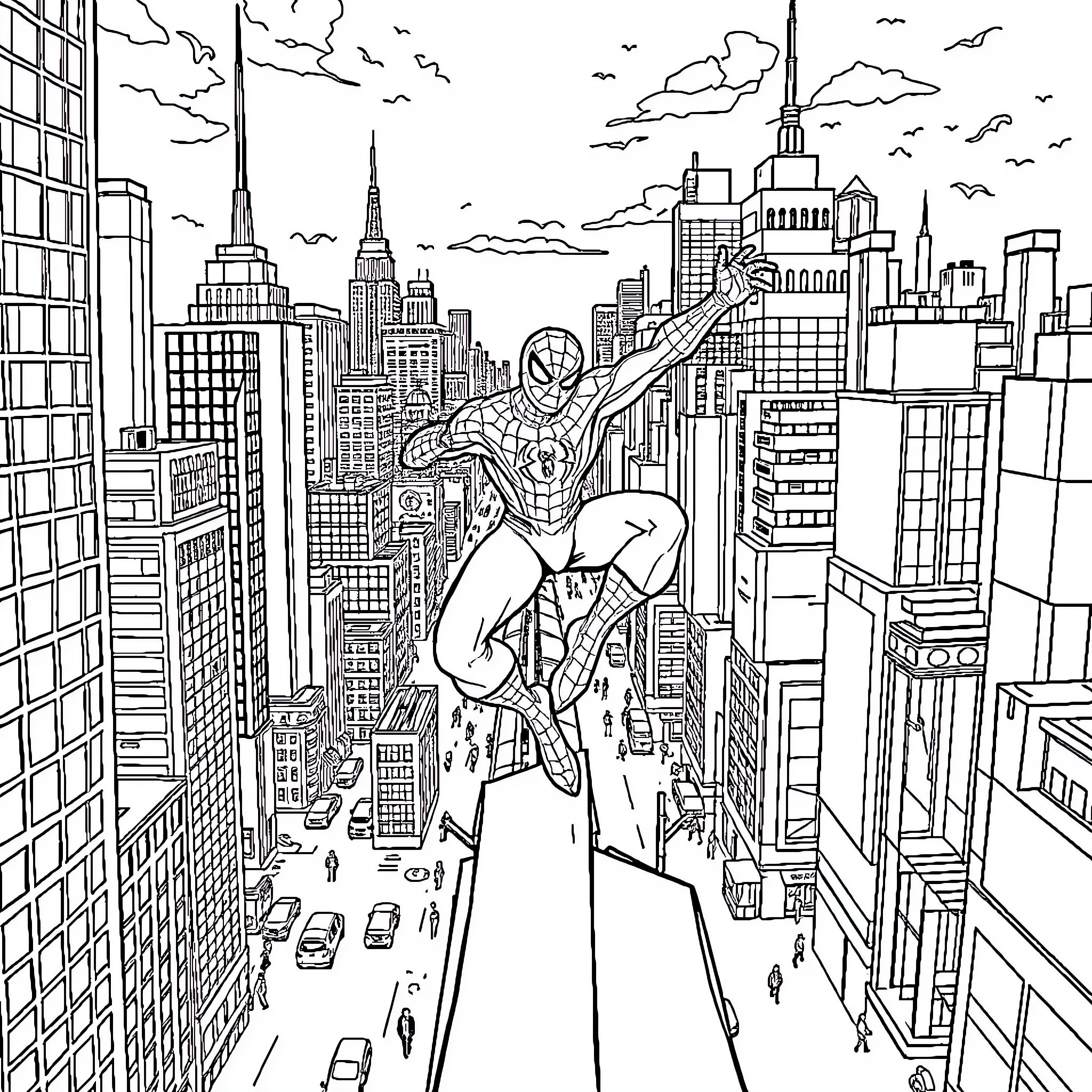 Spiderman swinging through the city skyline Coloring Page (free black-and-white line drawing printable PDF for all, from beginners to advanced learners, including children, teens, adults, and seniors)