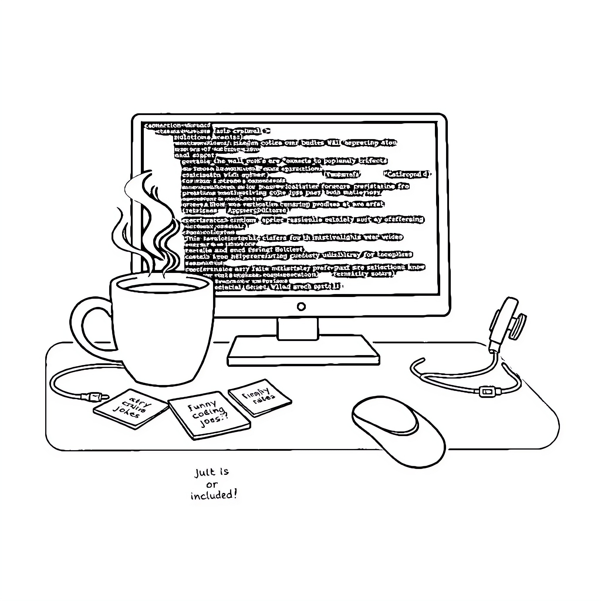 Mouse Pad Featuring Computer Workspace with Coffee Cup Coloring Page (free black-and-white line drawing printable PDF for all, from beginners to advanced learners, including children, teens, adults, and seniors)