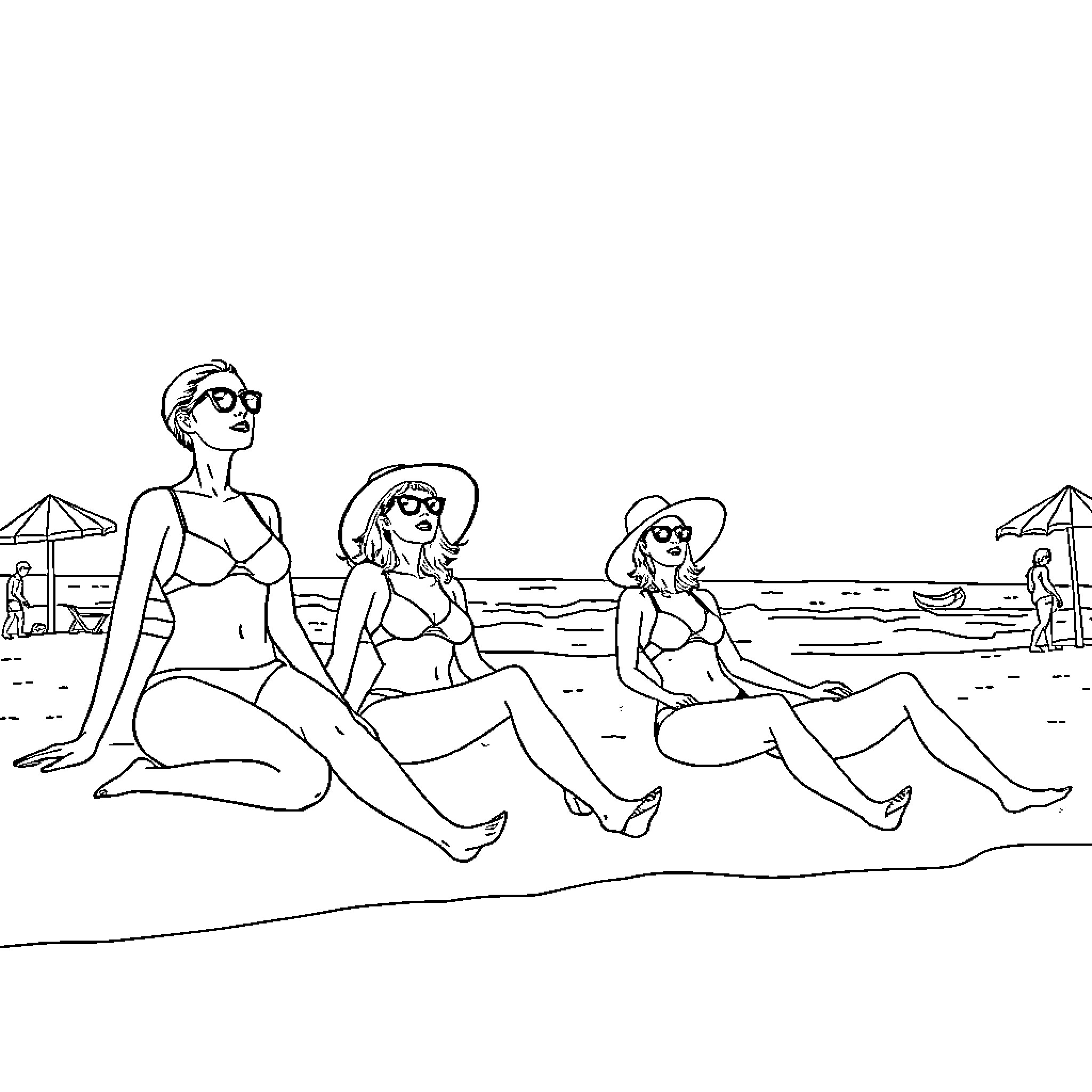 Women enjoying a sunny day at the beach Coloring Page (free black-and-white line drawing printable PDF for all, from beginners to advanced learners, including children, teens, adults, and seniors)