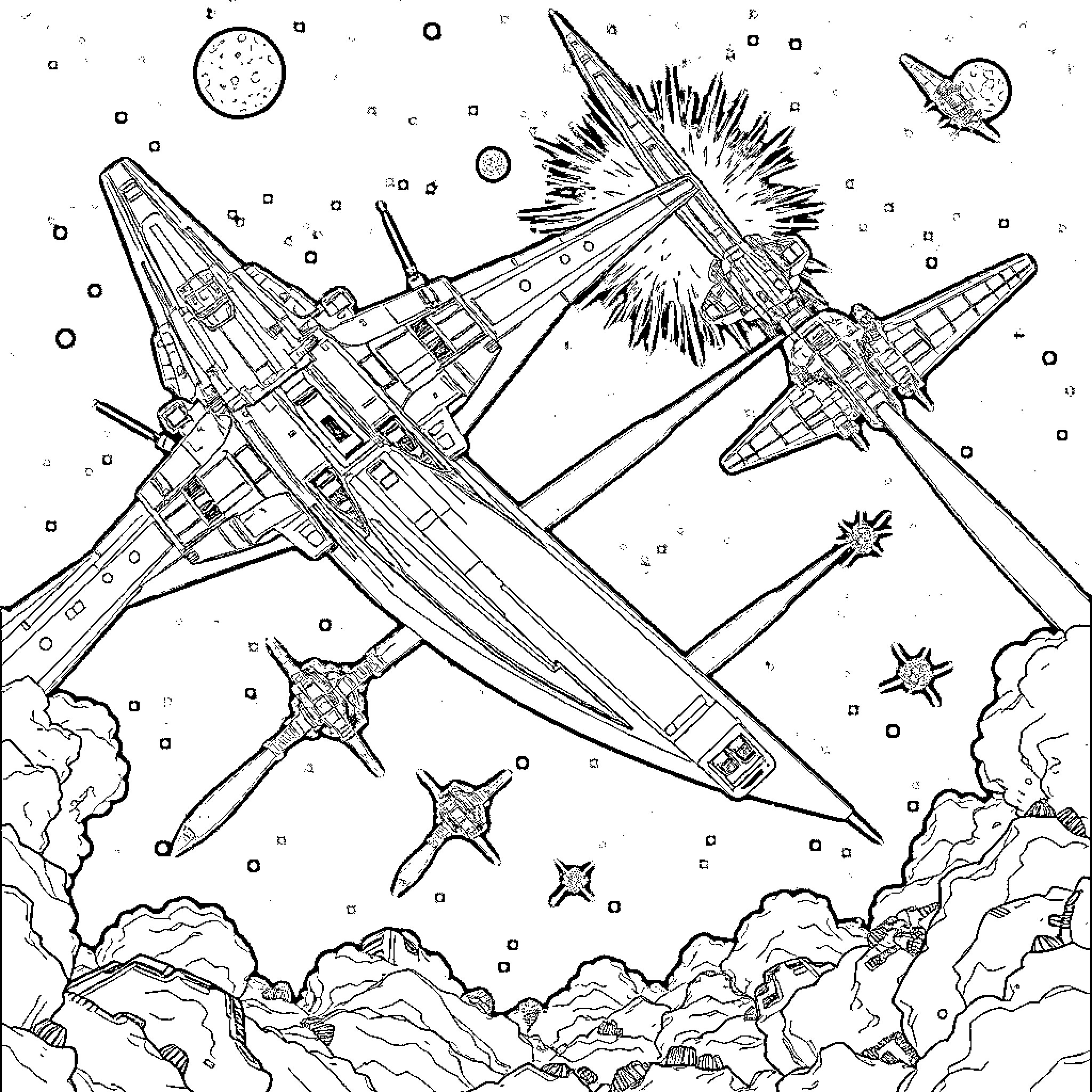 Ship battling in the cosmic battlefield Coloring Page (free black-and-white line drawing printable PDF for all, from beginners to advanced learners, including children, teens, adults, and seniors)