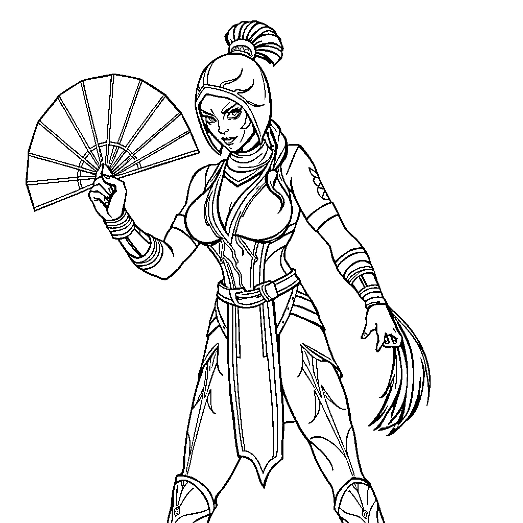 Kitana in Warrior Stance with Fan Coloring Page (free black-and-white line drawing printable PDF for all, from beginners to advanced learners, including children, teens, adults, and seniors)