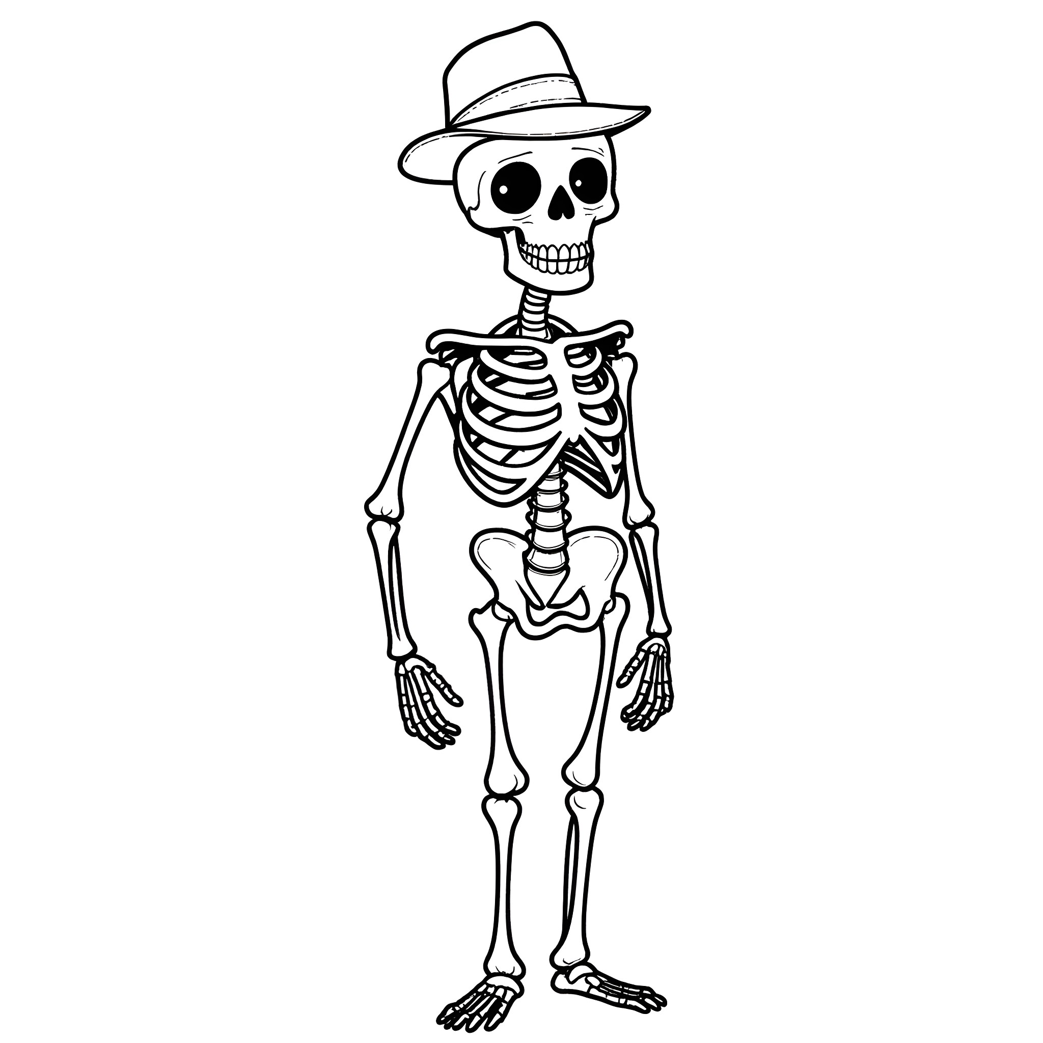Skeleton in stylish hat and pose Coloring Page (free black-and-white line drawing printable PDF for all, from beginners to advanced learners, including children, teens, adults, and seniors)