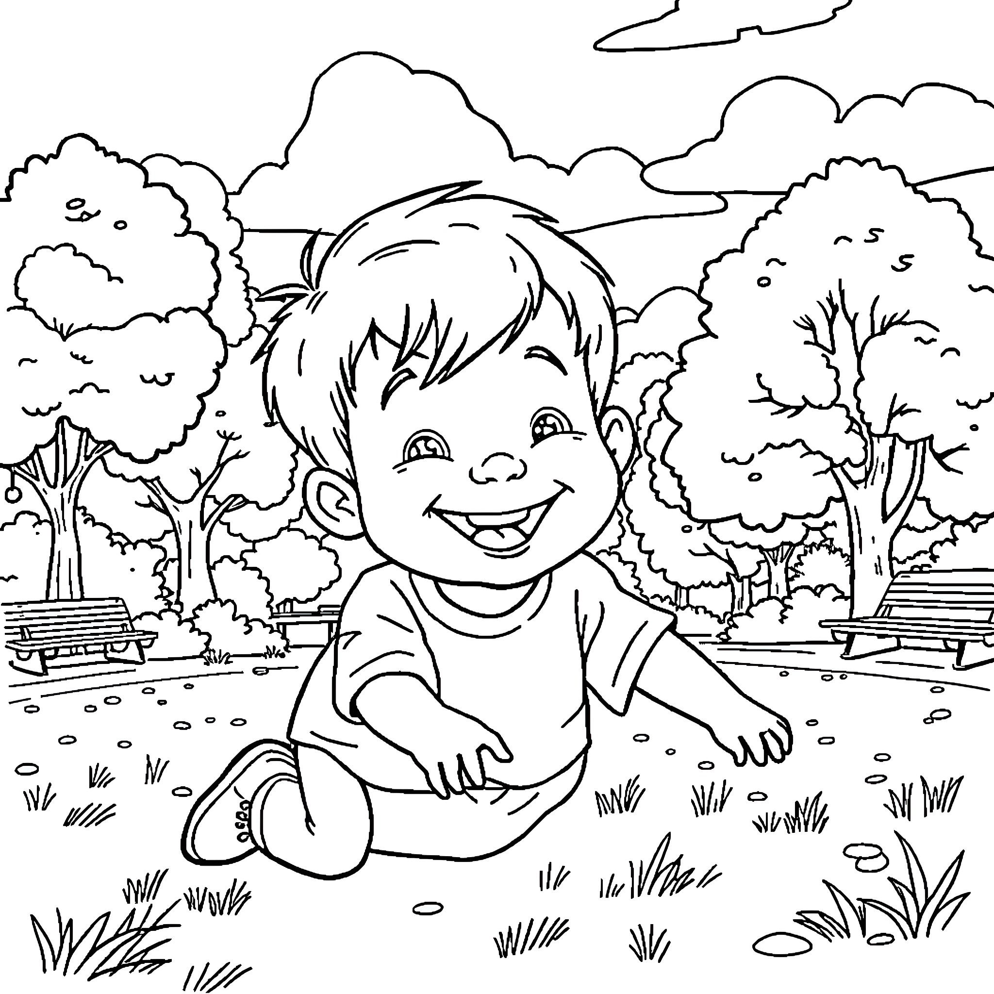 Child playing joyfully in a park Coloring Page (free black-and-white line drawing printable PDF for all, from beginners to advanced learners, including children, teens, adults, and seniors)