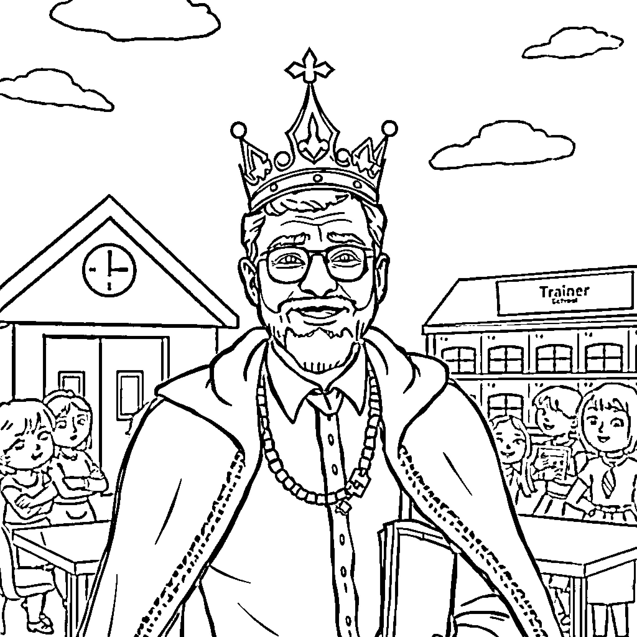 Trainer crowned as a royal figure among students Coloring Page (free black-and-white line drawing printable PDF for all, from beginners to advanced learners, including children, teens, adults, and seniors)