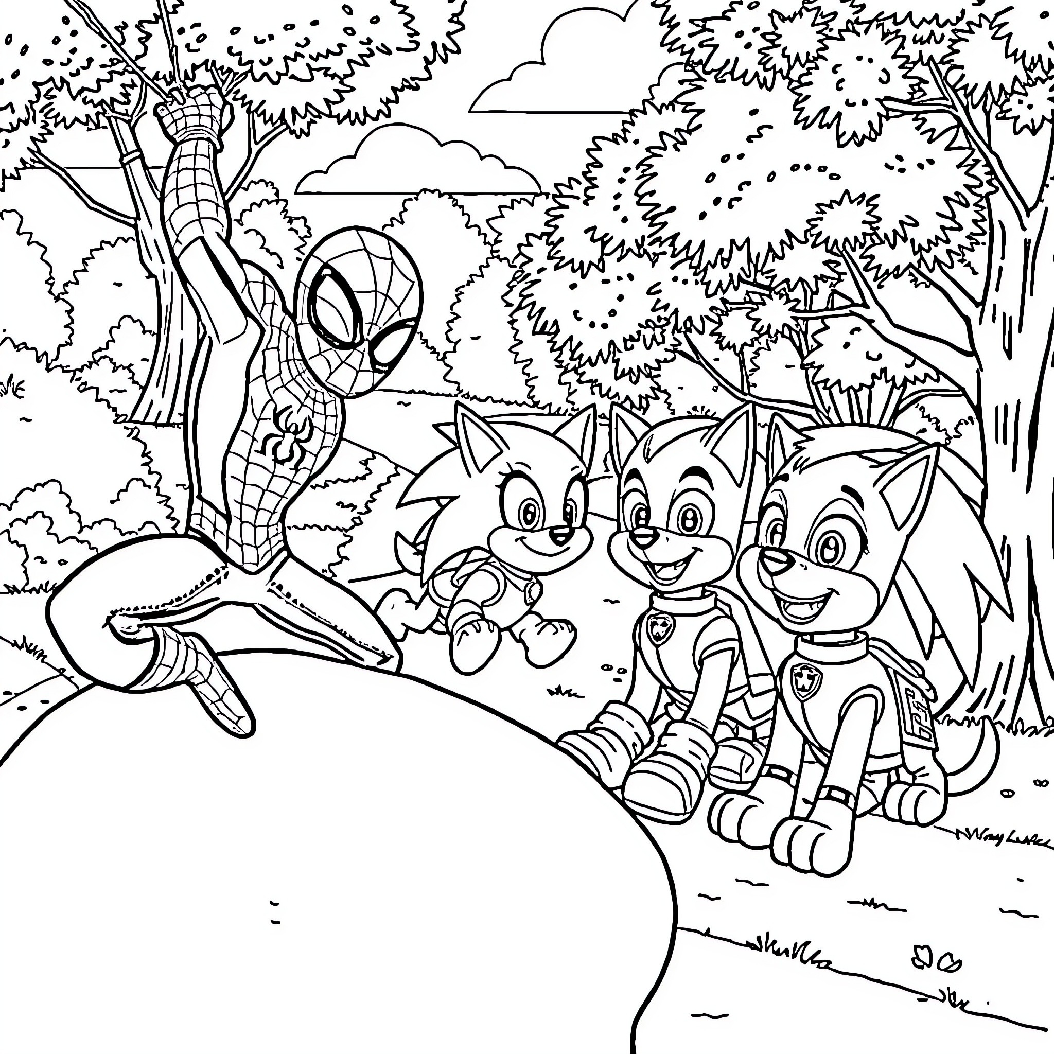 Spiderman helping friends in the forest Coloring Page (free black-and-white line drawing printable PDF for all, from beginners to advanced learners, including children, teens, adults, and seniors)