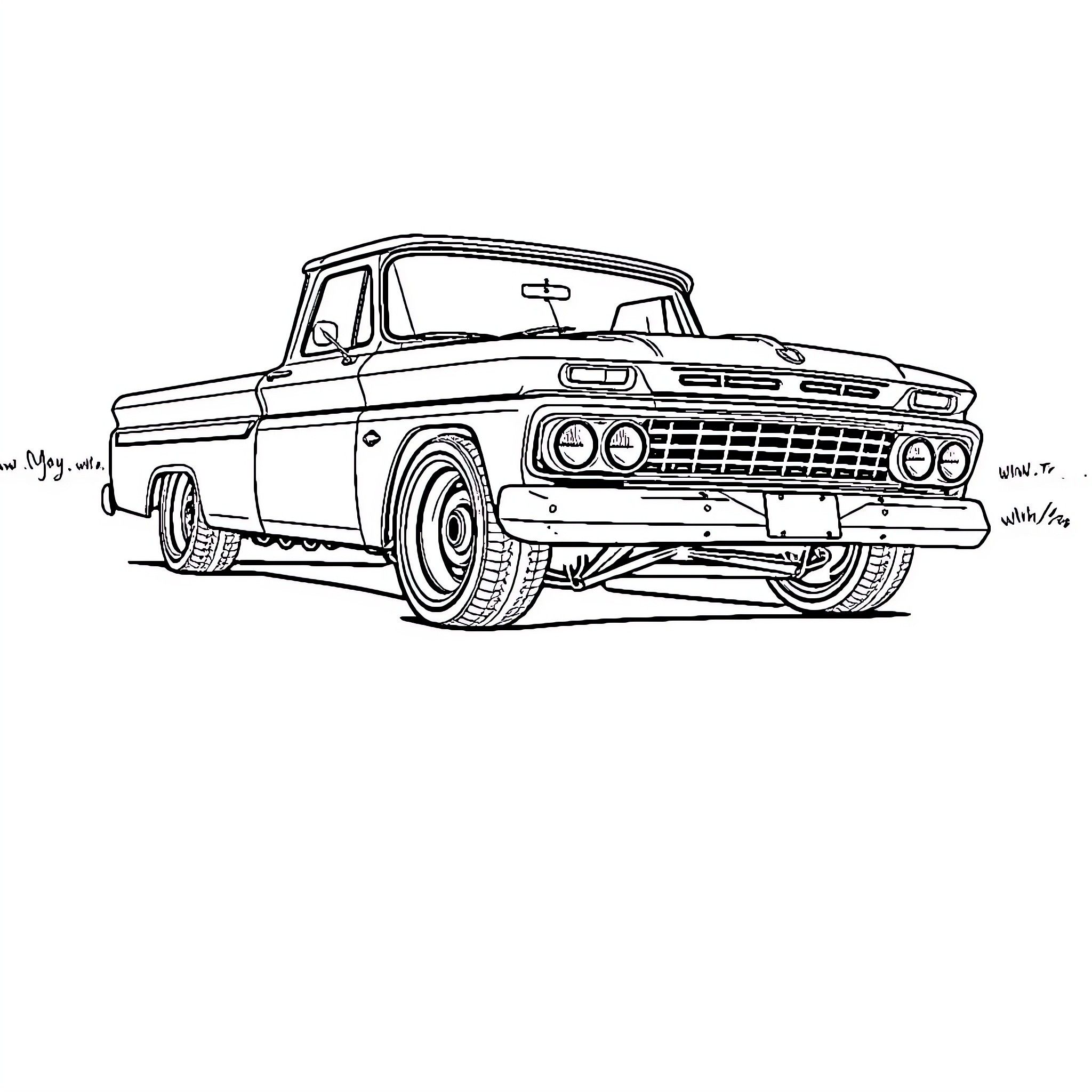 Chevy vintage pickup truck in outline Coloring Page (free black-and-white line drawing printable PDF for all, from beginners to advanced learners, including children, teens, adults, and seniors)