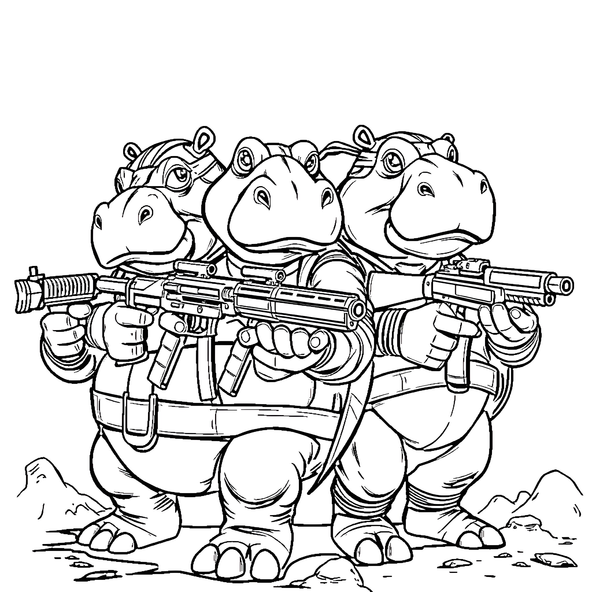 Hippo soldiers wielding firearms in the wild Coloring Page (free black-and-white line drawing printable PDF for all, from beginners to advanced learners, including children, teens, adults, and seniors)