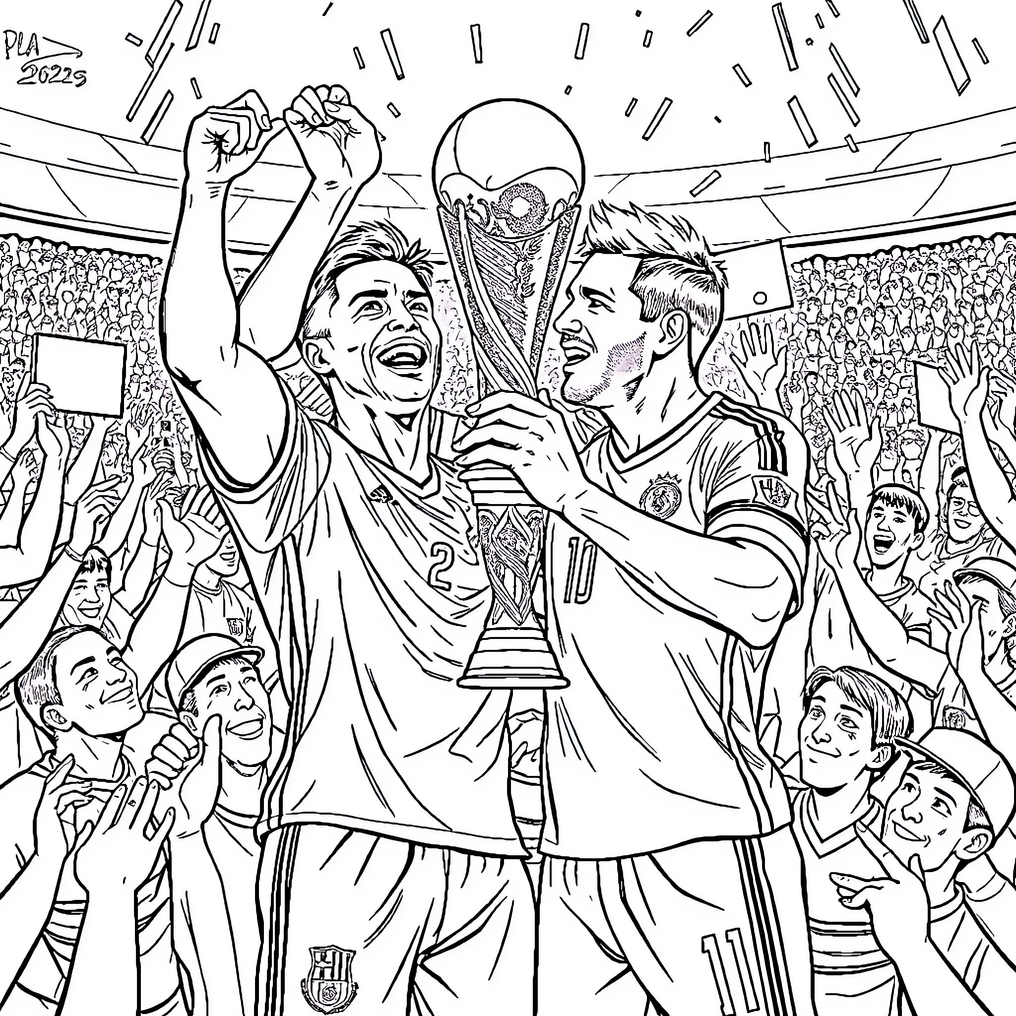 Ronaldo Celebrates Football Championship Victory with Teammates Coloring Page (free black-and-white line drawing printable PDF for all, from beginners to advanced learners, including children, teens, adults, and seniors)