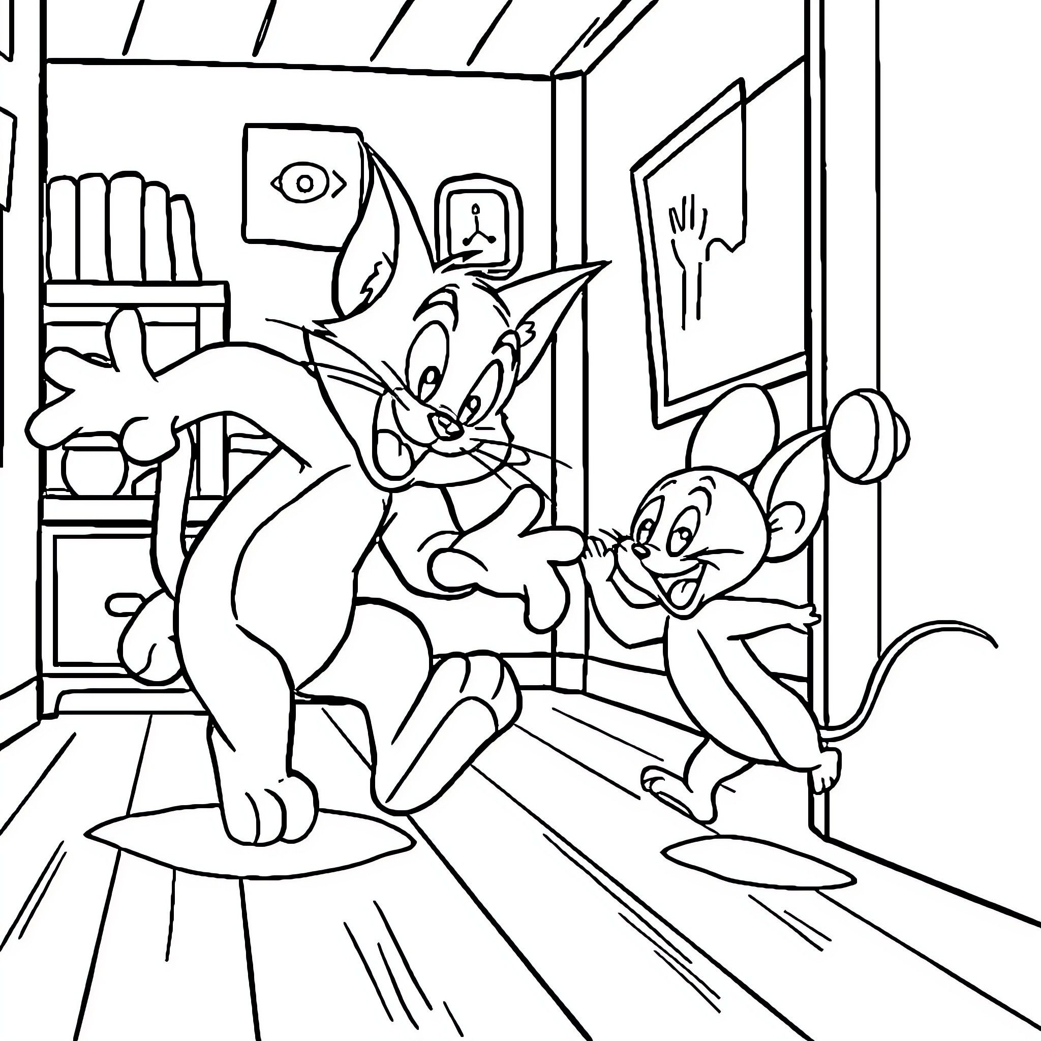 Tom and Jerry mischievous antics in the house Coloring Page (free black-and-white line drawing printable PDF for all, from beginners to advanced learners, including children, teens, adults, and seniors)
