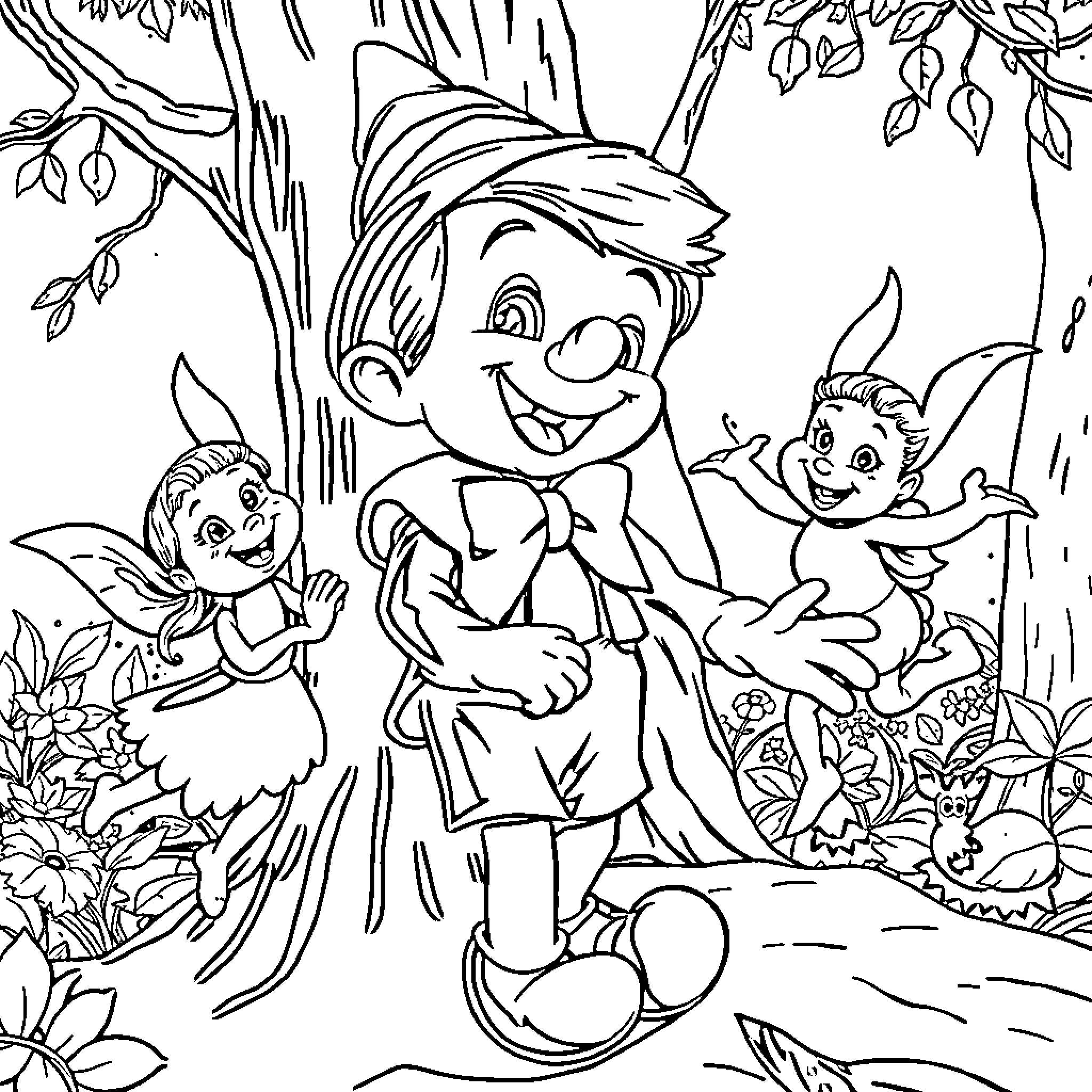 Pinocchio's Mischievous Adventure in the Enchanted Forest Coloring Page (free black-and-white line drawing printable PDF for all, from beginners to advanced learners, including children, teens, adults, and seniors)
