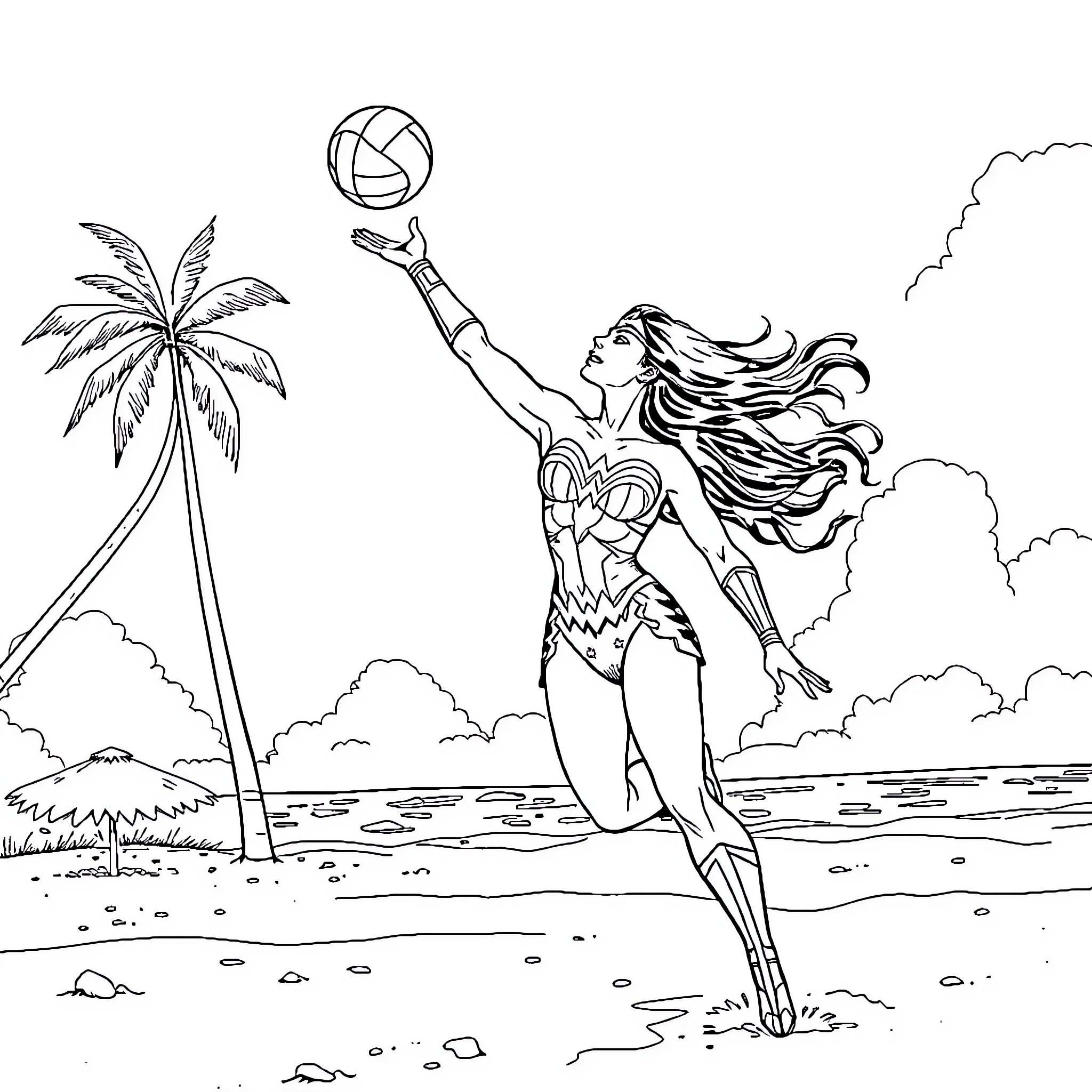 Wonder Woman playing volleyball on the beach Coloring Page (free black-and-white line drawing printable PDF for all, from beginners to advanced learners, including children, teens, adults, and seniors)