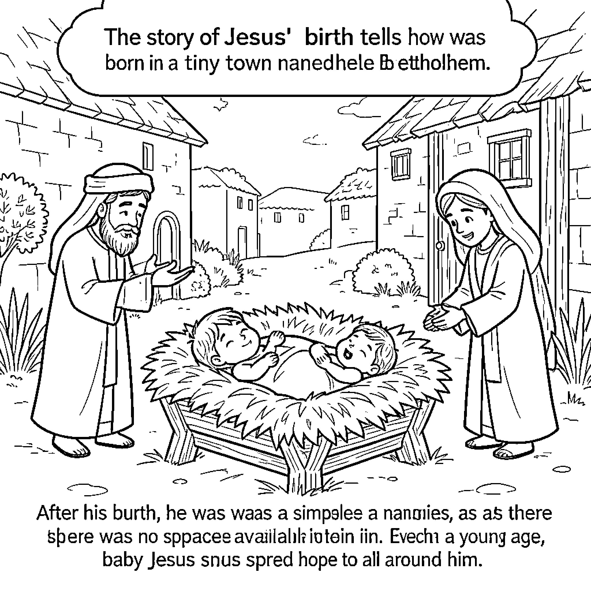 Jesus' humble birth in Bethlehem brings hope to the world Coloring Page (free black-and-white line drawing printable PDF for all, from beginners to advanced learners, including children, teens, adults, and seniors)