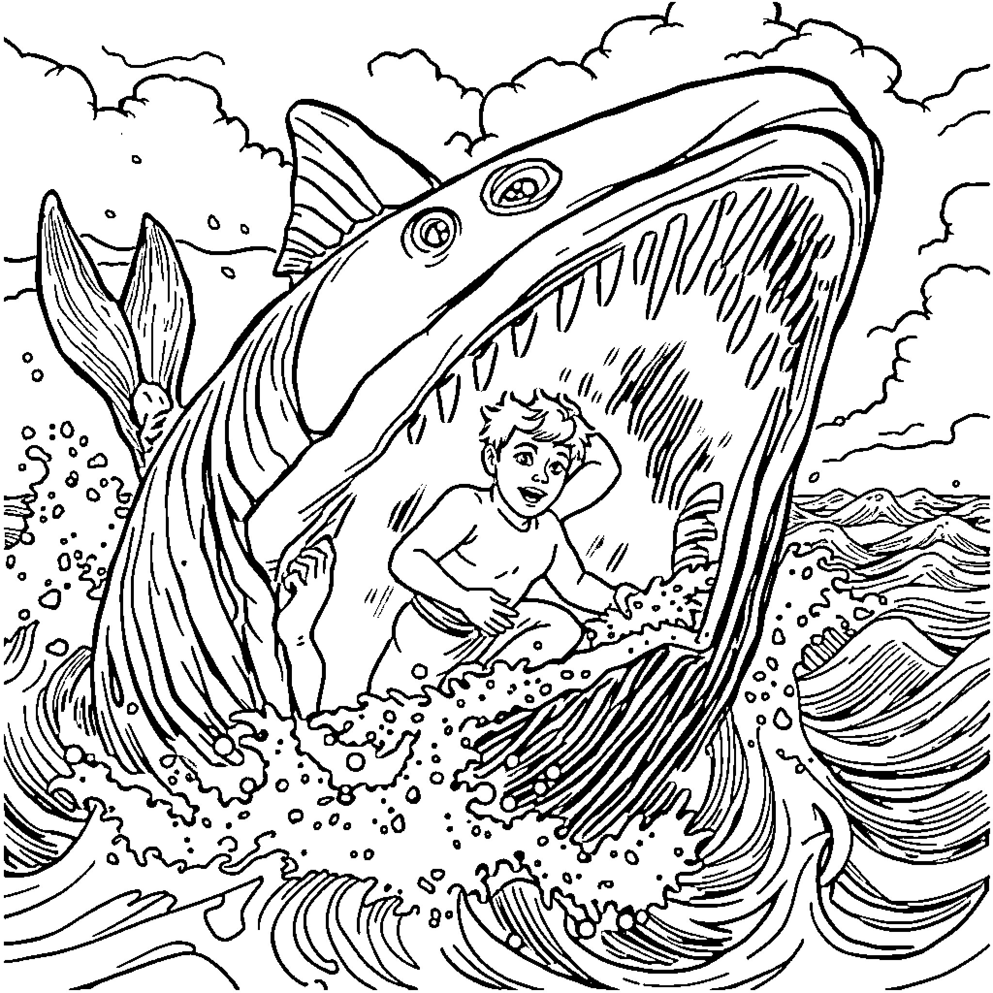 Jonah swallowed by the great whale Coloring Page (free black-and-white line drawing printable PDF for all, from beginners to advanced learners, including children, teens, adults, and seniors)