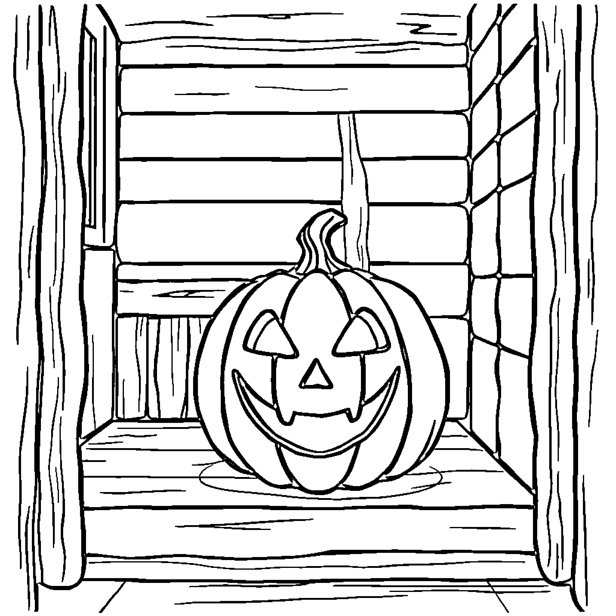 Jack-o'-lantern in a spooky cabin Coloring Page (free black-and-white line drawing printable PDF for all, from beginners to advanced learners, including children, teens, adults, and seniors)