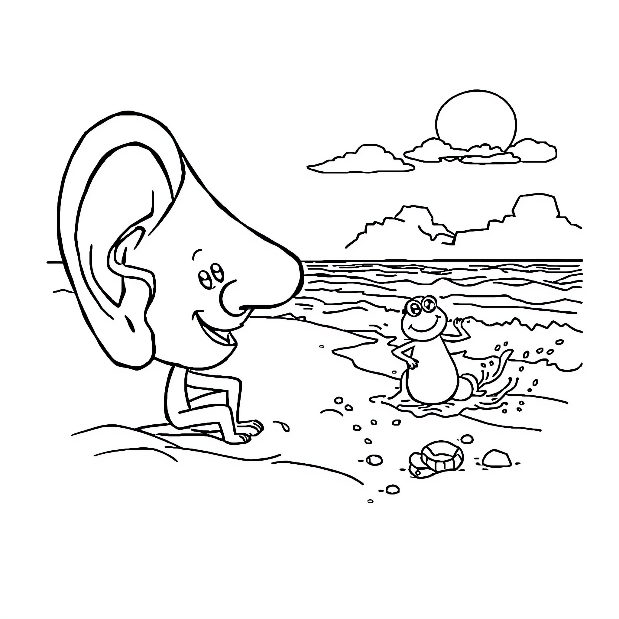 Ear Nose Throat Listening to Ocean Sounds Coloring Page (free black-and-white line drawing printable PDF for all, from beginners to advanced learners, including children, teens, adults, and seniors)