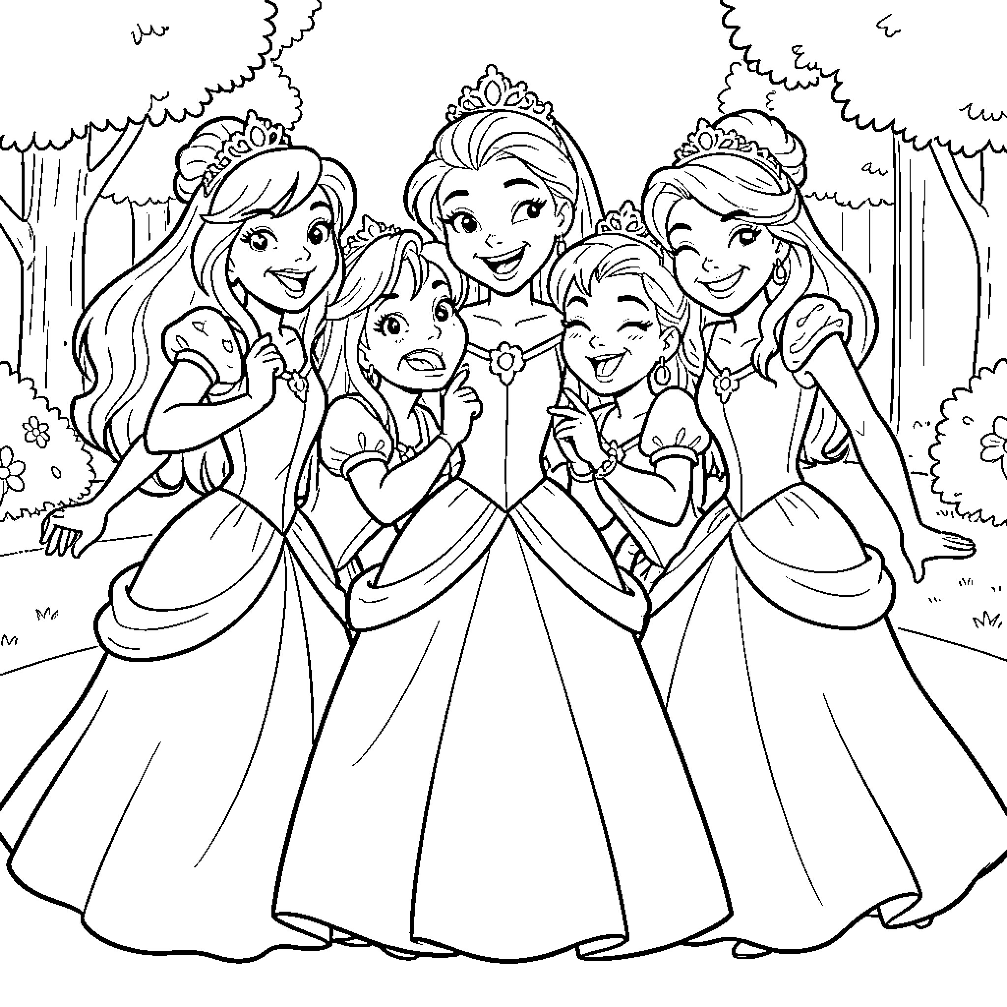 Disney Princesses posing together and smiling happily Coloring Page (free black-and-white line drawing printable PDF for all, from beginners to advanced learners, including children, teens, adults, and seniors)
