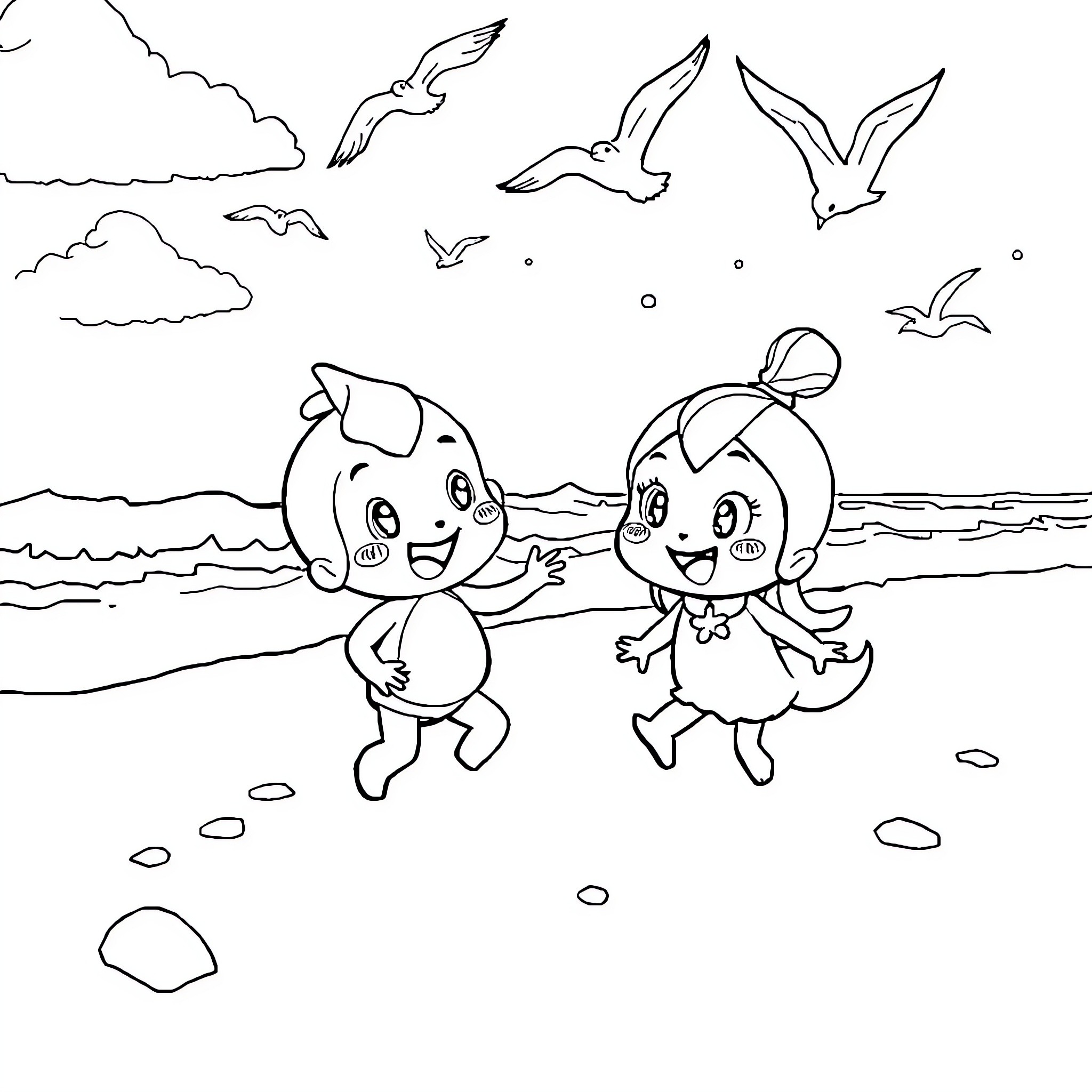 Labubu characters playing happily at the beach Coloring Page (free black-and-white line drawing printable PDF for all, from beginners to advanced learners, including children, teens, adults, and seniors)