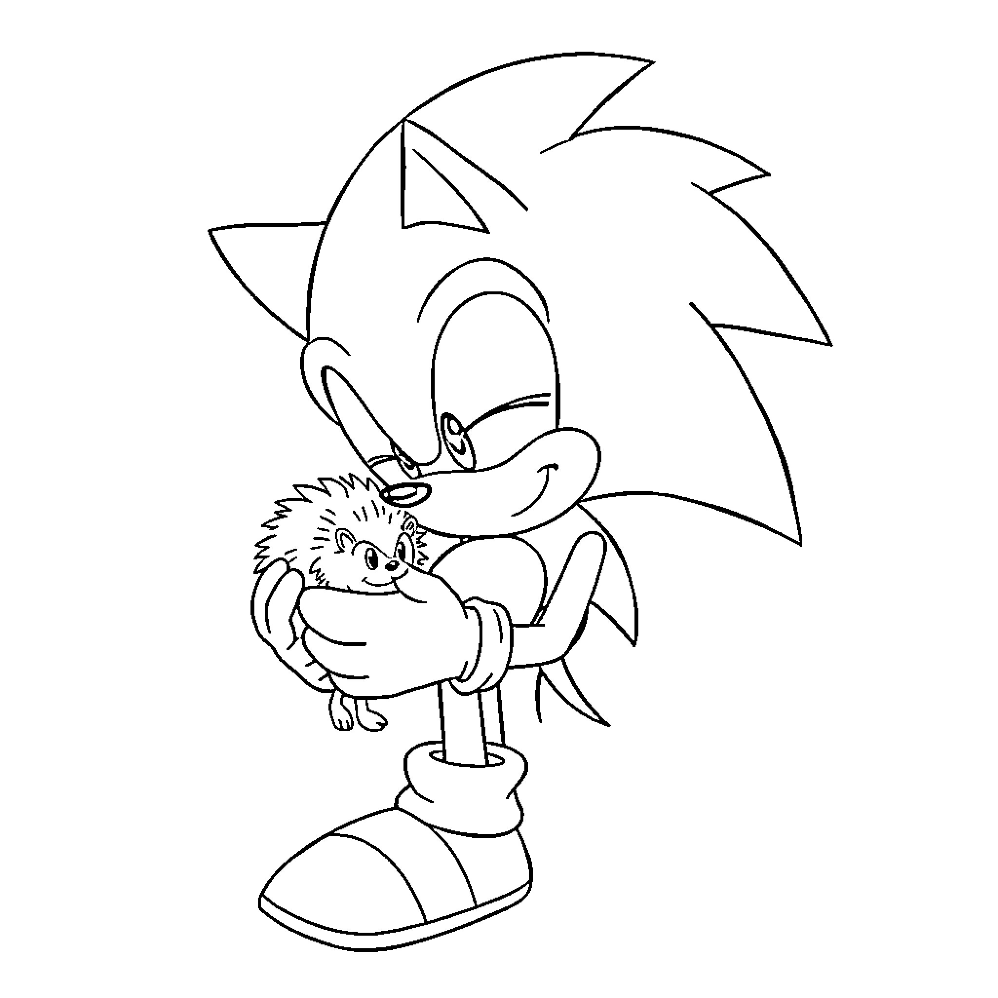 Sonic happily holding a small animal Coloring Page (free black-and-white line drawing printable PDF for all, from beginners to advanced learners, including children, teens, adults, and seniors)